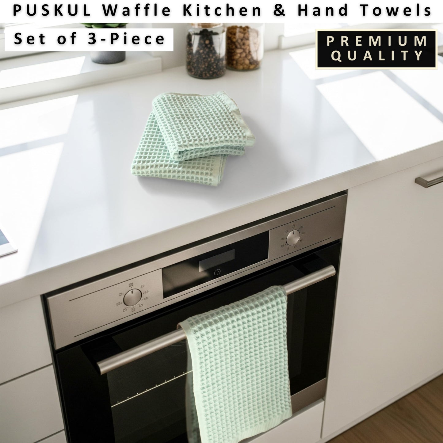 PÜSKÜL Organic Waffle Kitchen Towel Pure 100% Turkish Cotton Set of 3 Natural Raw-Undyed Towel - Premium Quality Soft Quick-Dry Absorbent Lint-Free Hand & Dish Towels Large 32X16 (3, Natural Beige)