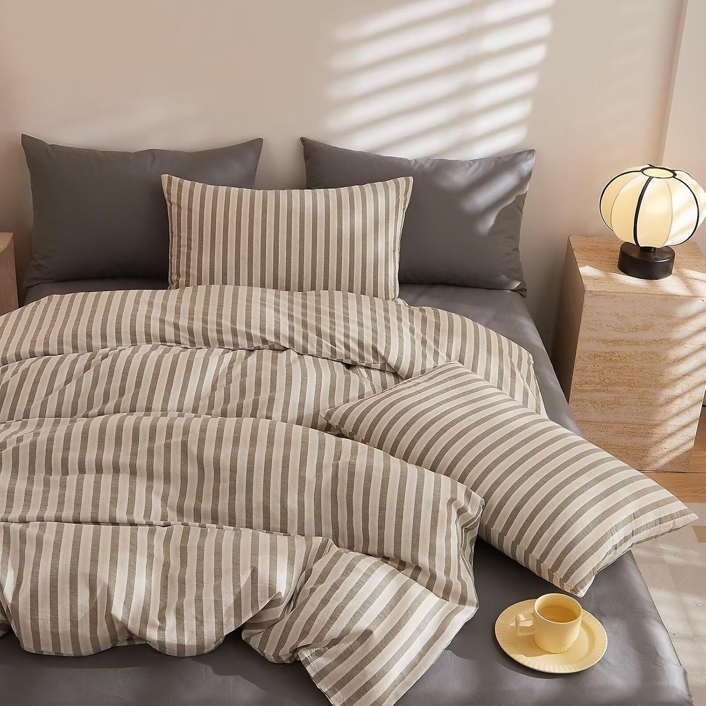 Duvet Cover Set - Brown Plaid Gingham Comforter Cover with Zipper Closure