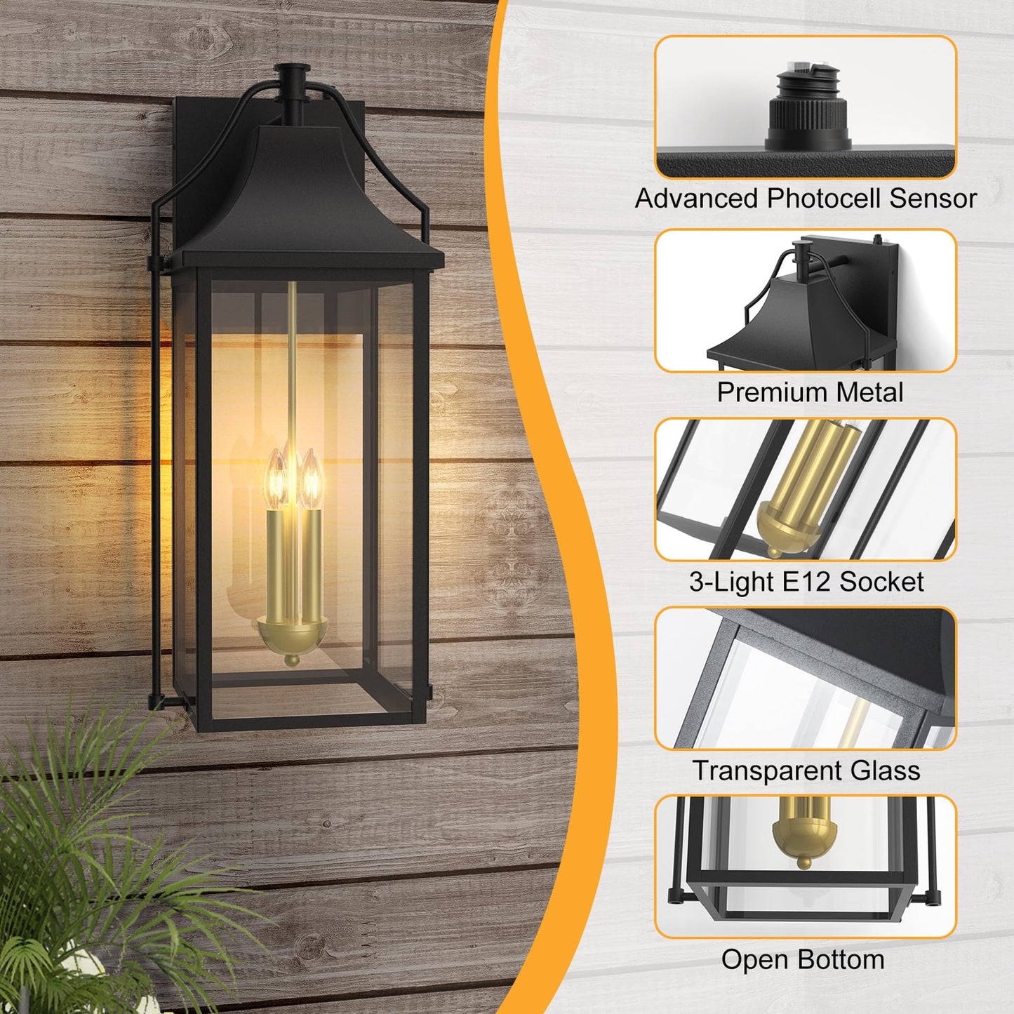 Outdoor Wall Lights Fixtures, Large Size Dusk to Dawn Waterproof Exterior Lanterns, Modern Porch Sconce Wall Mounted with Glass
