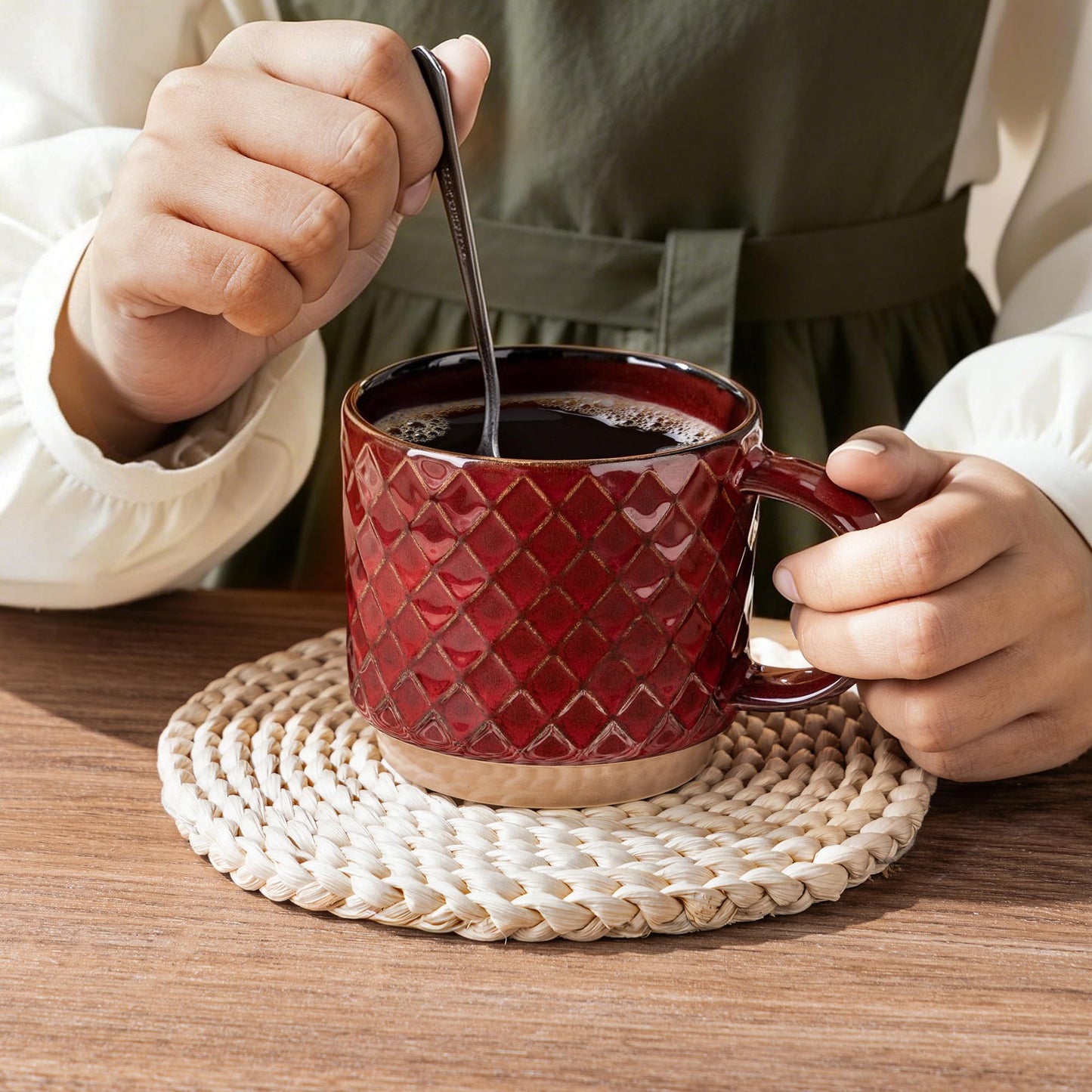 GBhome 12OZ Stackable Coffee Mugs, Ceramic Coffee Mugs with Texture Patterns for Man,Woman,Dad,Mom, Modern Coffee Mugs Set of 4 for Latte/Cappuccino/Cocoa. Dishwasher&Microwave Safe, Pale Khaki