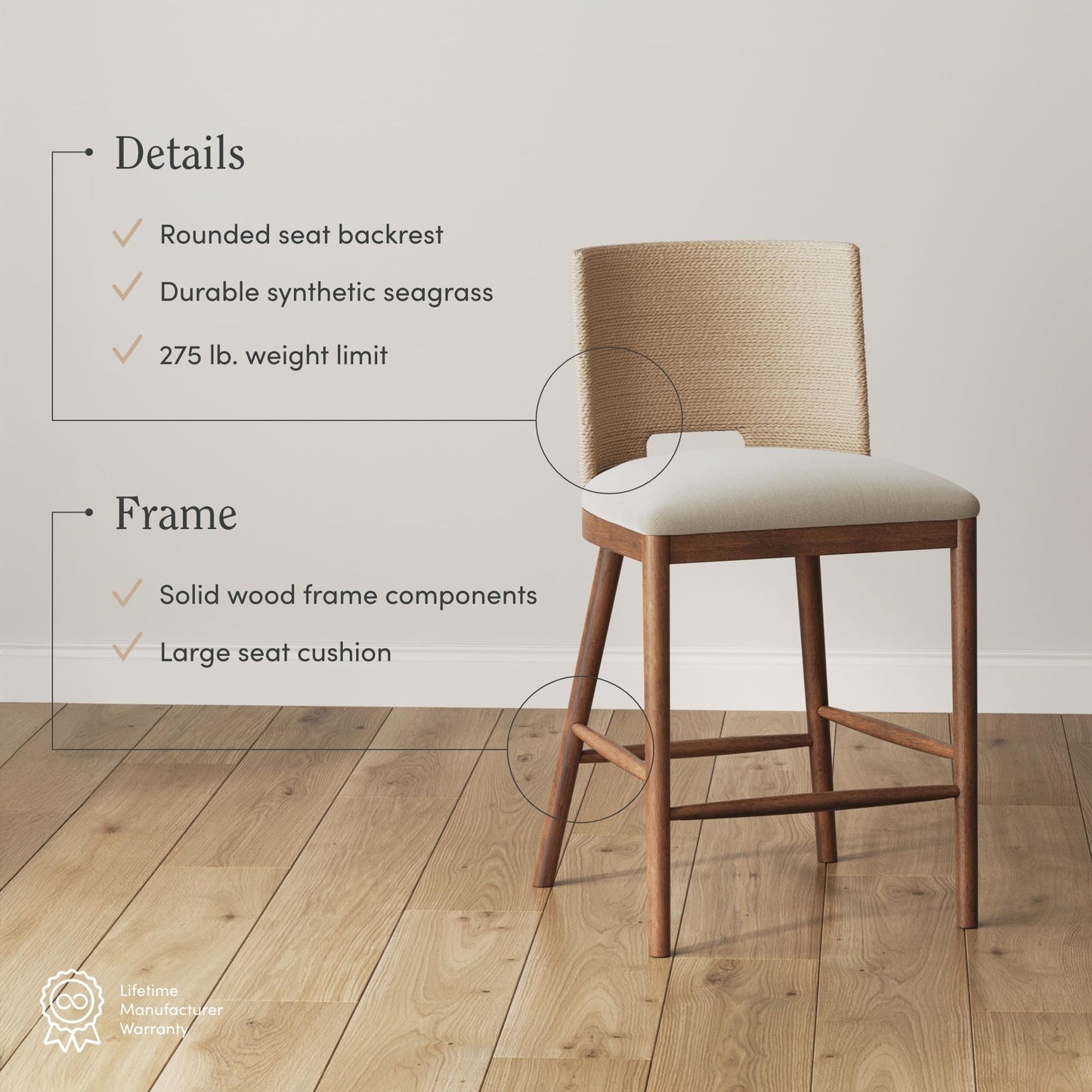 Nathan James Rikki Seagrass Bar Stool with Back, 2-Pack Boucle Counter Stool with Upholstered Seat, Solid Wood Frame, and Woven Seagrass Backrest