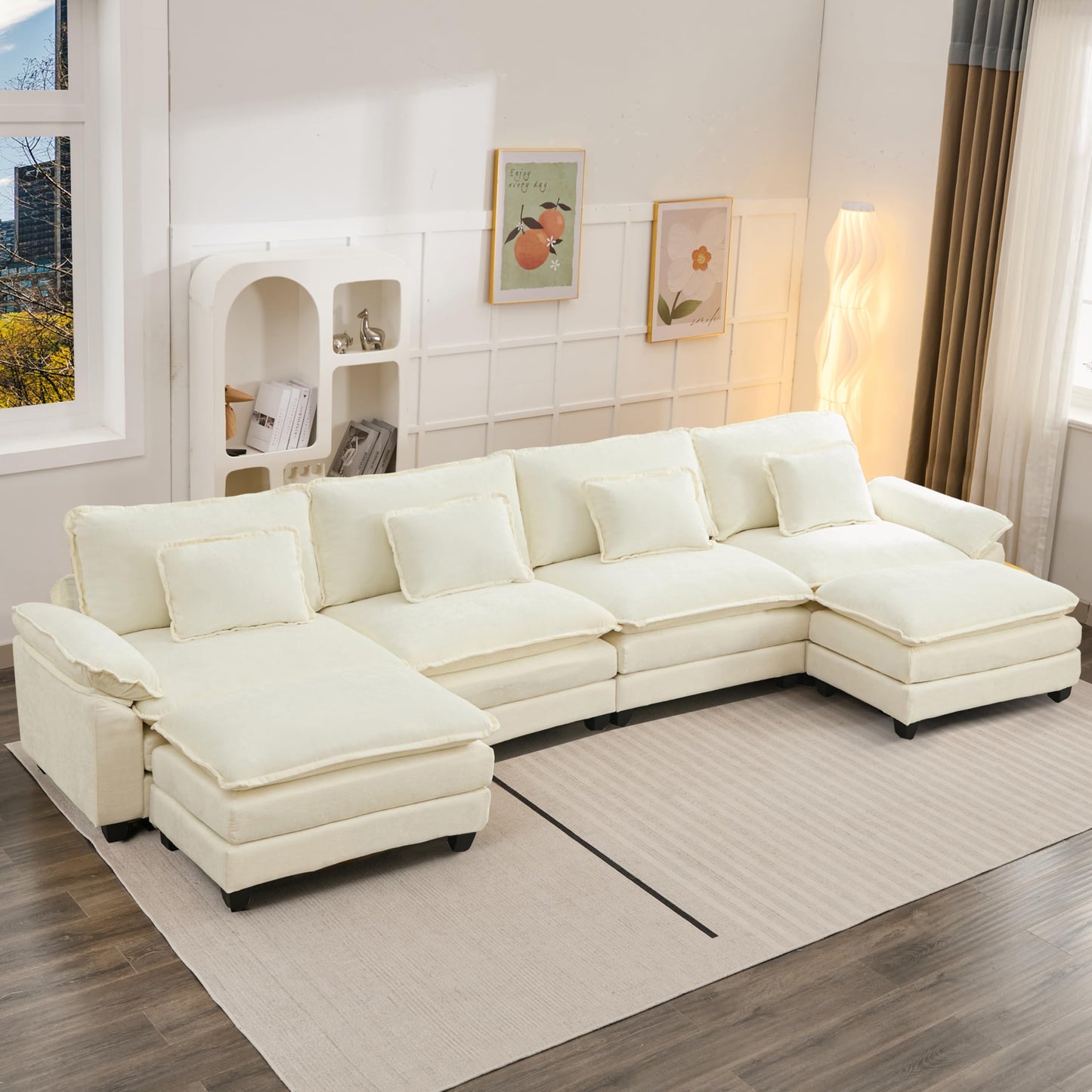 120" Modular Sectional Sofa, Comfy Cloud Couch Sectional Sofa with Ottoman, Chenille Sofa Sleeper Deep Seat Sofa with Throw Pillows for Living Room (Beige White, 120"- U Shape)