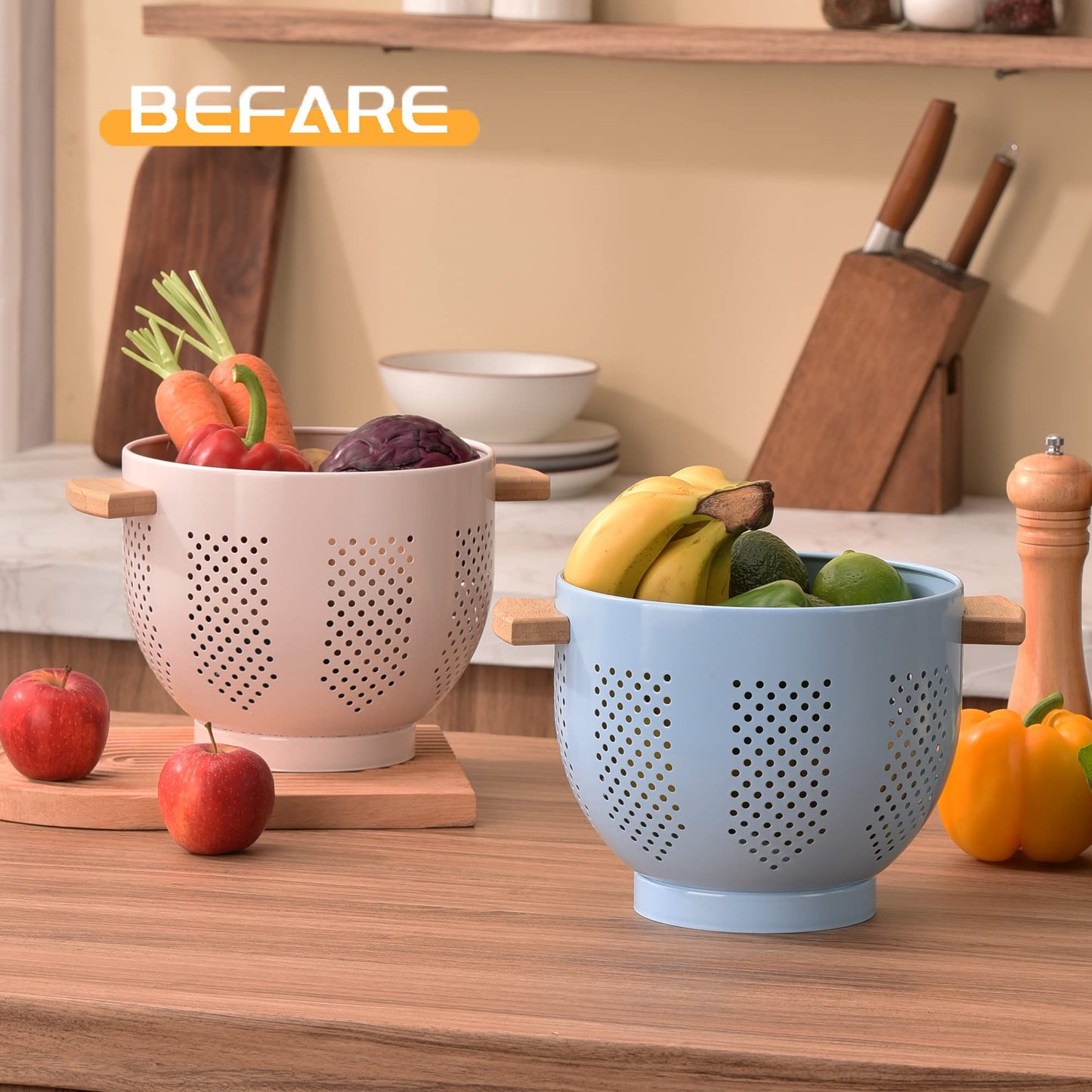 Metal Colander with Wood Handle and Stable Base, Powder Coated Steel Kitchen Strainer Basket for Draining Pasta, Vegetable and fruit(7quart,Sandyellow)
