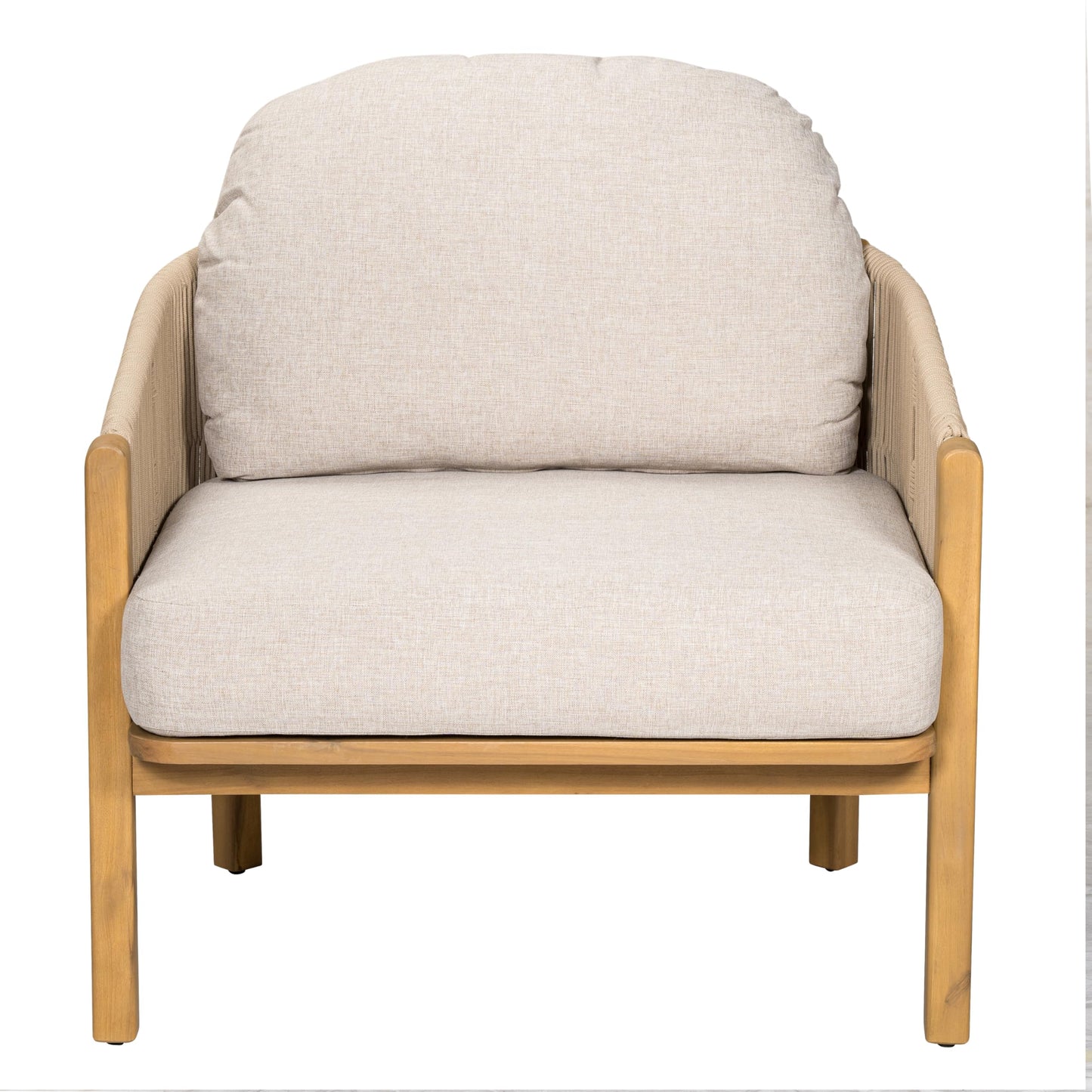 Merax Patio Chairs Set of 2, Acacia Wood Outdoor Club Chair with Cozy 5.75" Thick Cushion & Rope-Weave Backrest, Bohe Style Patio Dining Armchair Chairs for Garden Balcony Outside Dining Relax, Beige