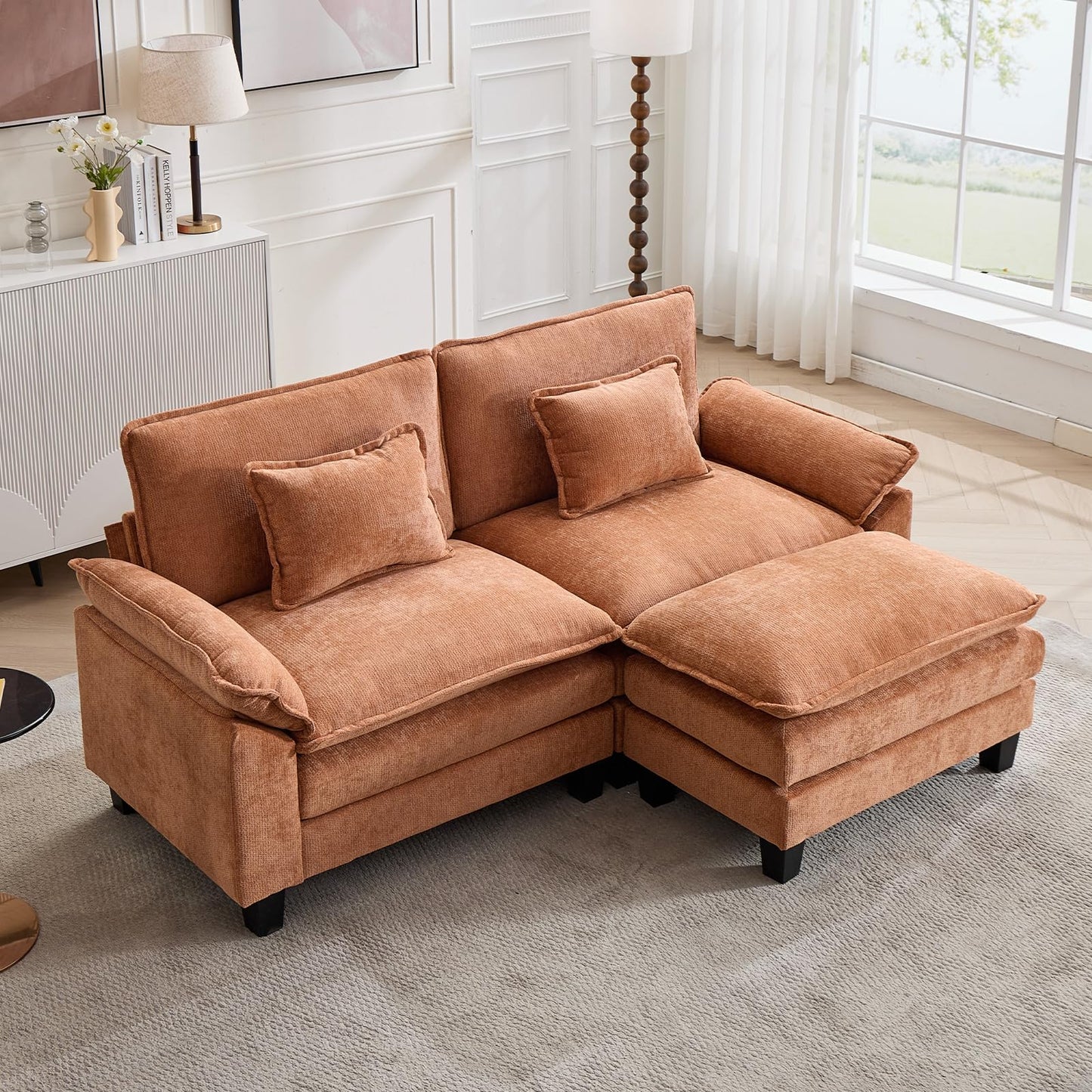 120" Modular Sectional Sofa, Comfy Cloud Couch Sectional Sofa with Ottoman, Chenille Sofa Sleeper Deep Seat Sofa with Throw Pillows for Living Room (Beige White, 120"- U Shape)