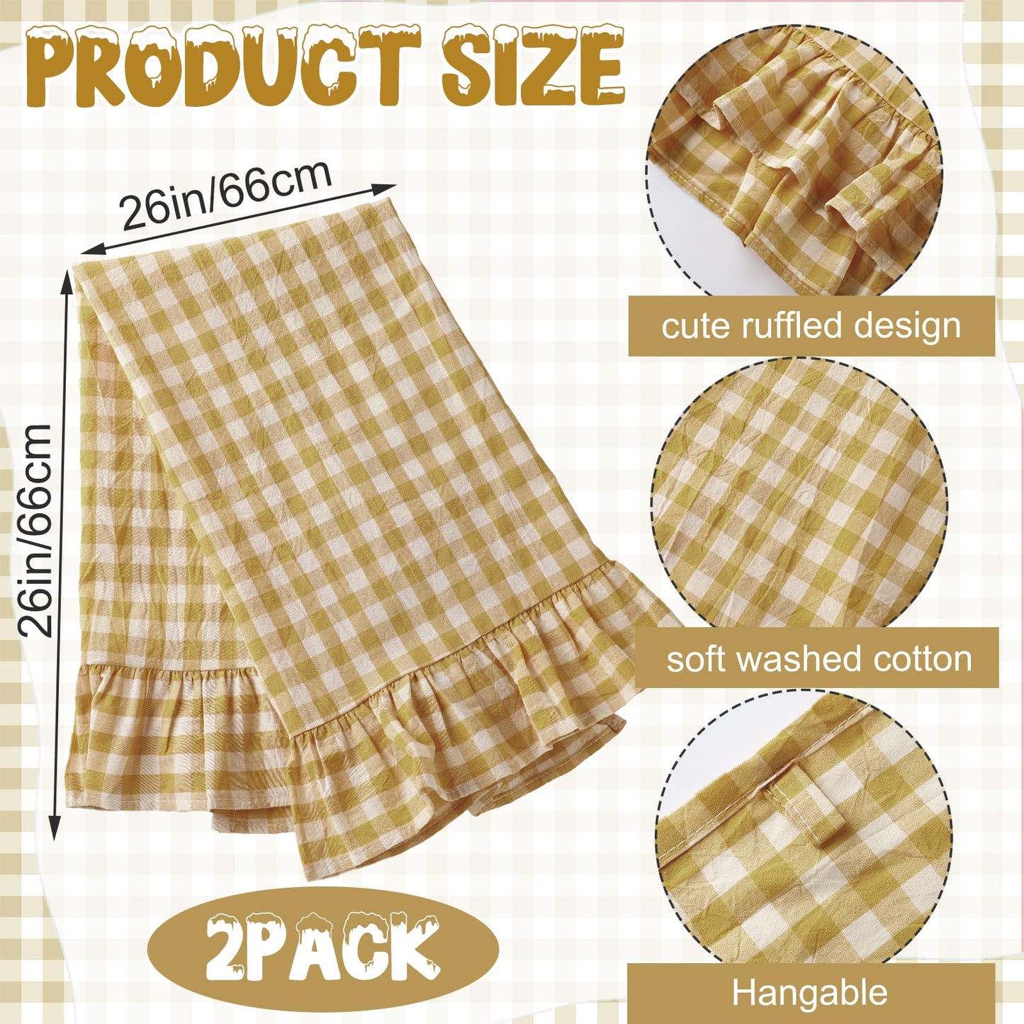 HunnmingRe Taupe Kitchen Towels Set of 2, 100% Cotton Ruffled Gingham Dish Towels 18"x28" Tea Cloths Classic Plaid Pattern for Farmhouse Charm, Drying Dishes, Entertaining Guests