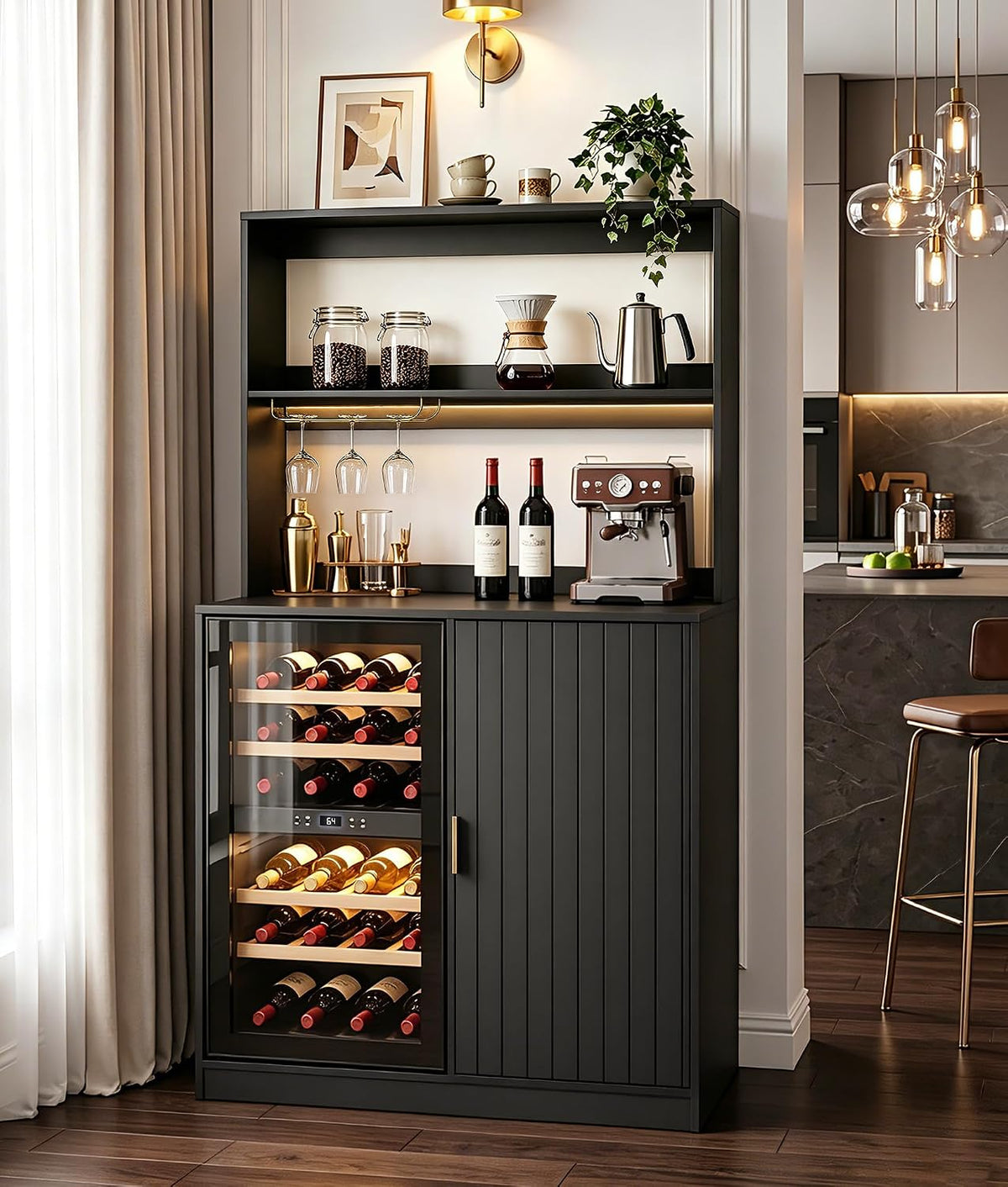 Mini Fridge Cabinet with Hutch and Wine Glass Rack
