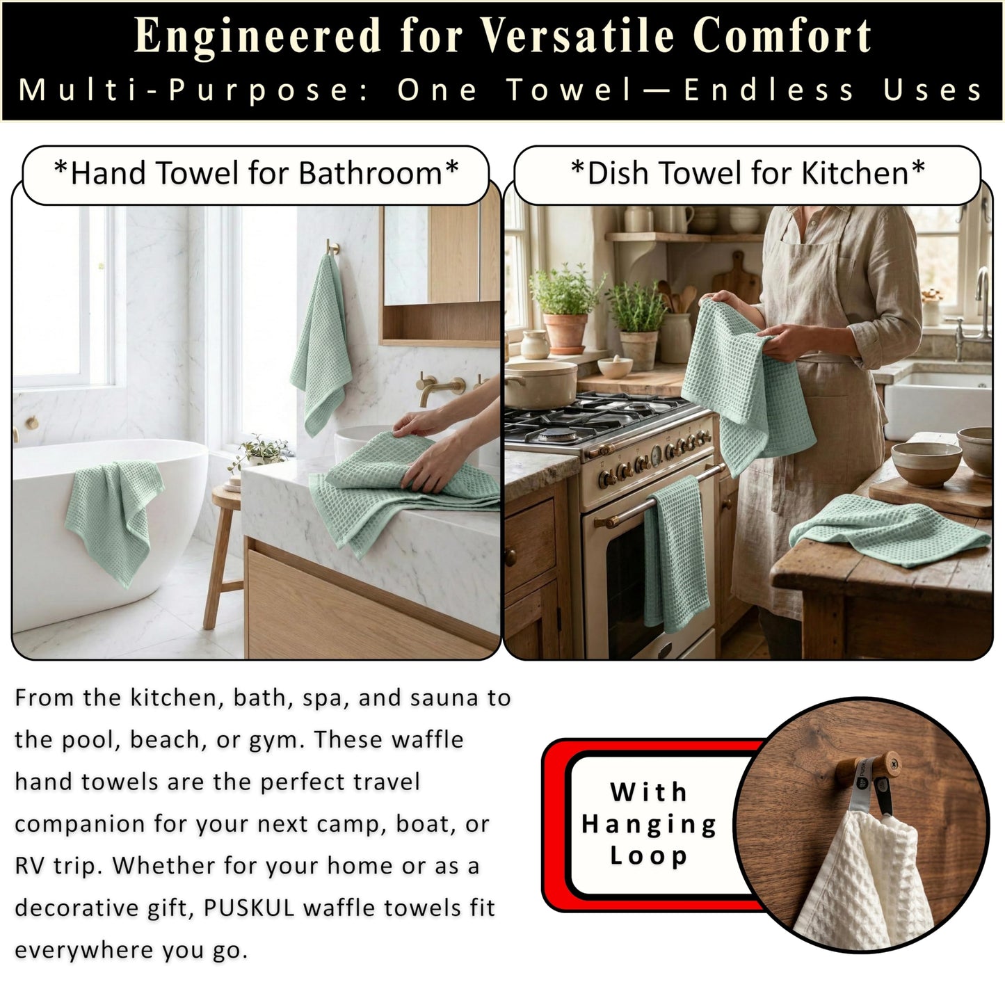PÜSKÜL Organic Waffle Kitchen Towel Pure 100% Turkish Cotton Set of 3 Natural Raw-Undyed Towel - Premium Quality Soft Quick-Dry Absorbent Lint-Free Hand & Dish Towels Large 32X16 (3, Natural Beige)