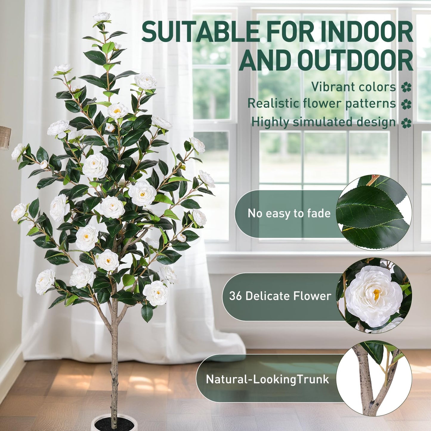 Yepdin 63 inch Artificial Camellia Tree with White Flower Pots - White Fake Tree,5 Ft Faux Plants Indoor wich Blooming,Artificial Plants for Indoor & Outdoor Home Front Door Decor