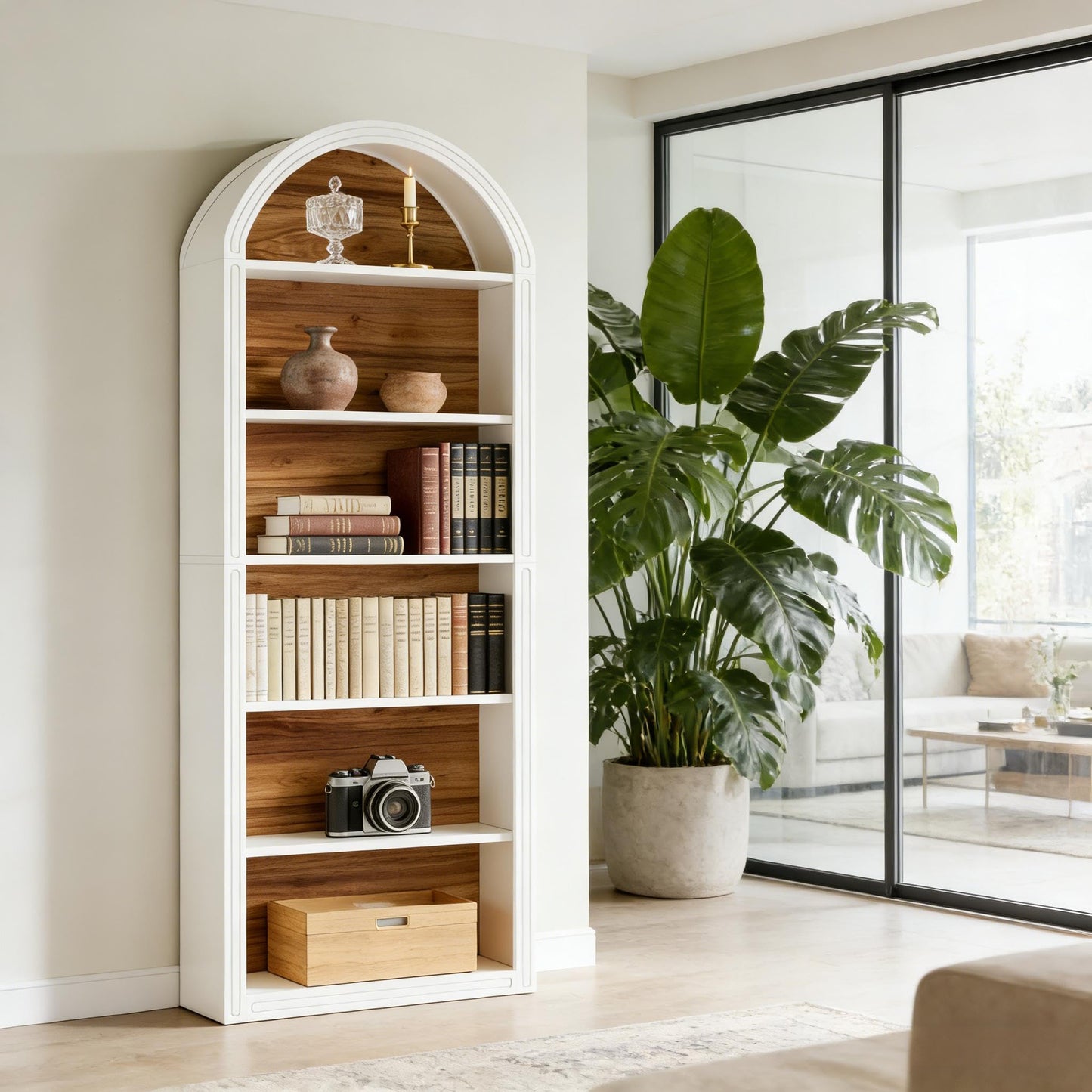 Arched 8 Tier Tall Bookshelf with Wood Back Panel