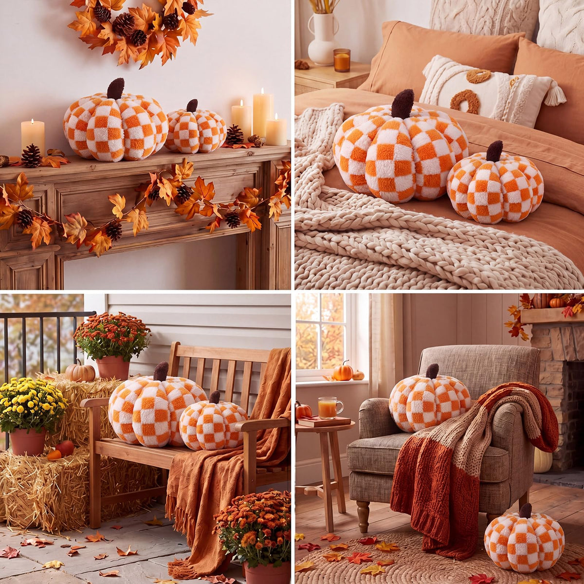 2 Pcs Pumpkin Pillows Brown White Checkerboard