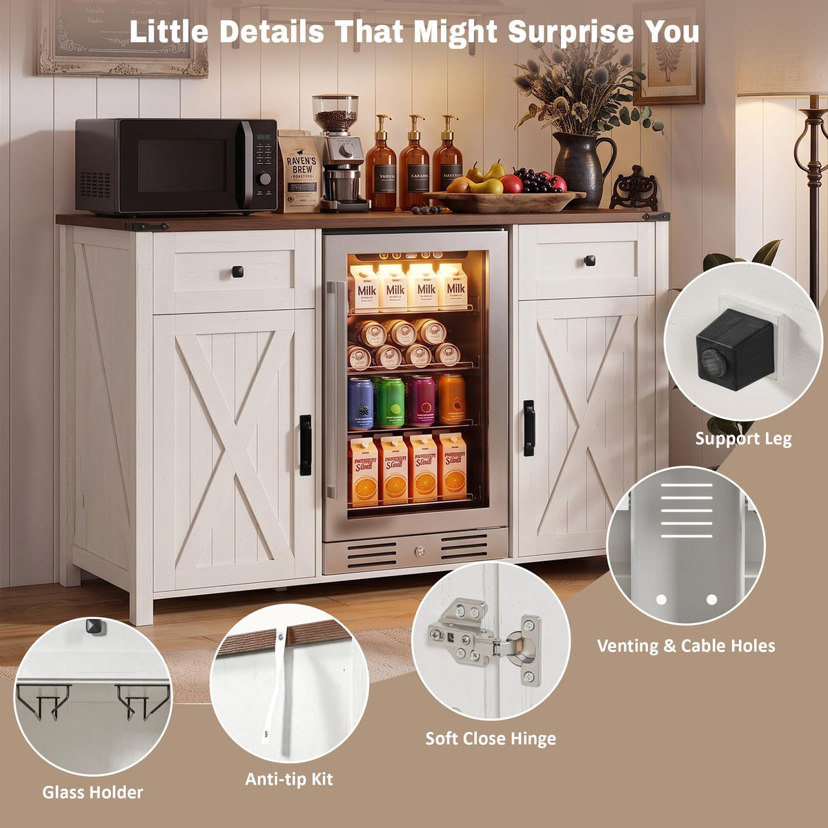 51" Modern Coffee Bar Cabinet with Fridge Space & 2 Drawers