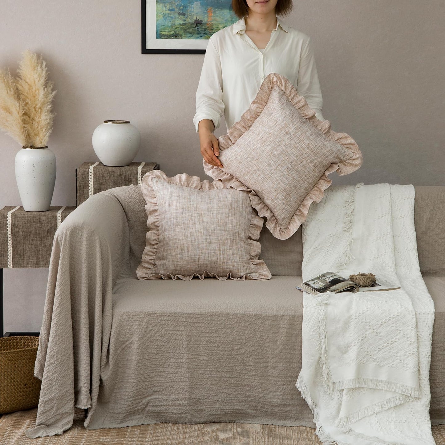 Rustic Classic Linen Style Throw Pillow Covers Set of 2