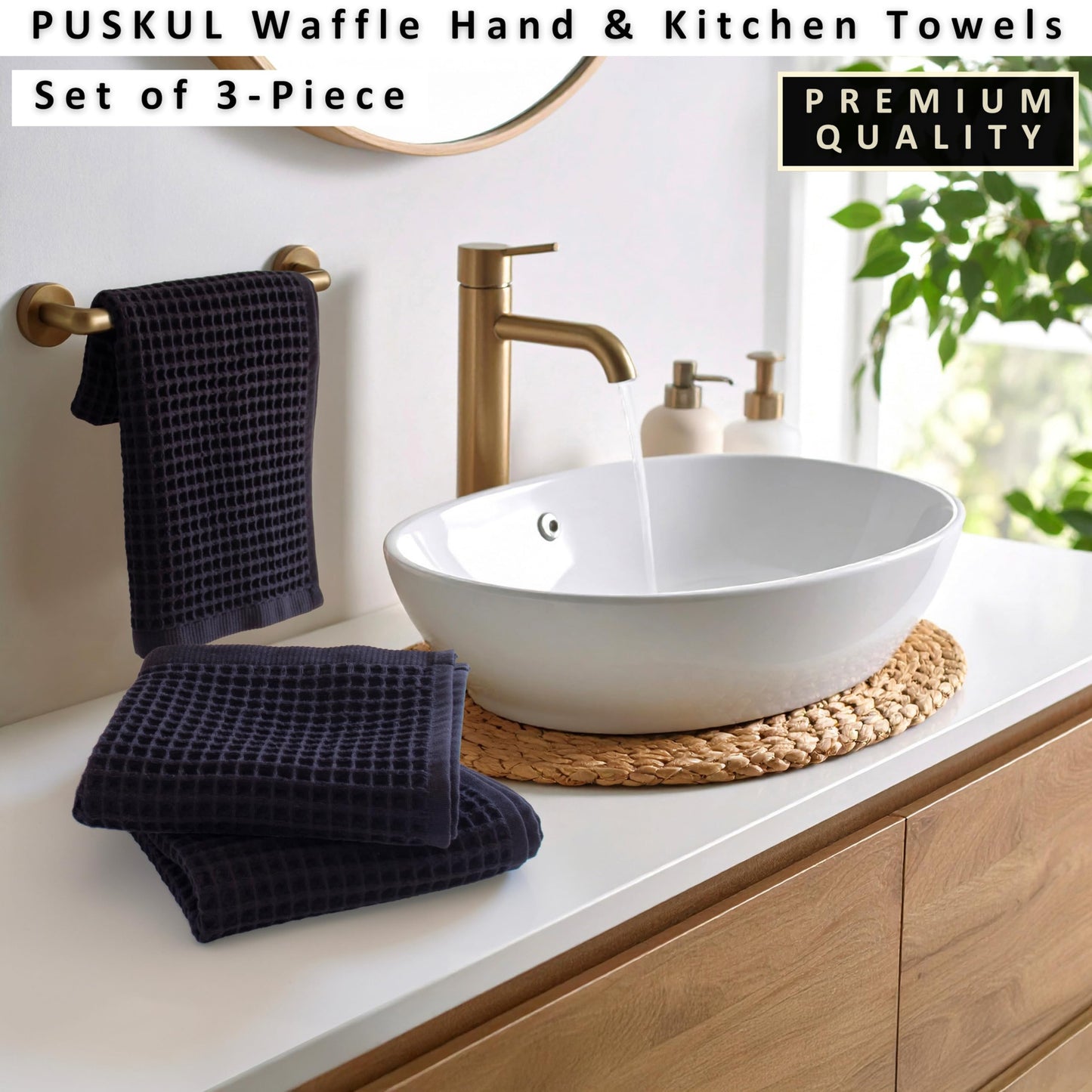 PÜSKÜL Organic Waffle Kitchen Towel Pure 100% Turkish Cotton Set of 3 Natural Raw-Undyed Towel - Premium Quality Soft Quick-Dry Absorbent Lint-Free Hand & Dish Towels Large 32X16 (3, Natural Beige)