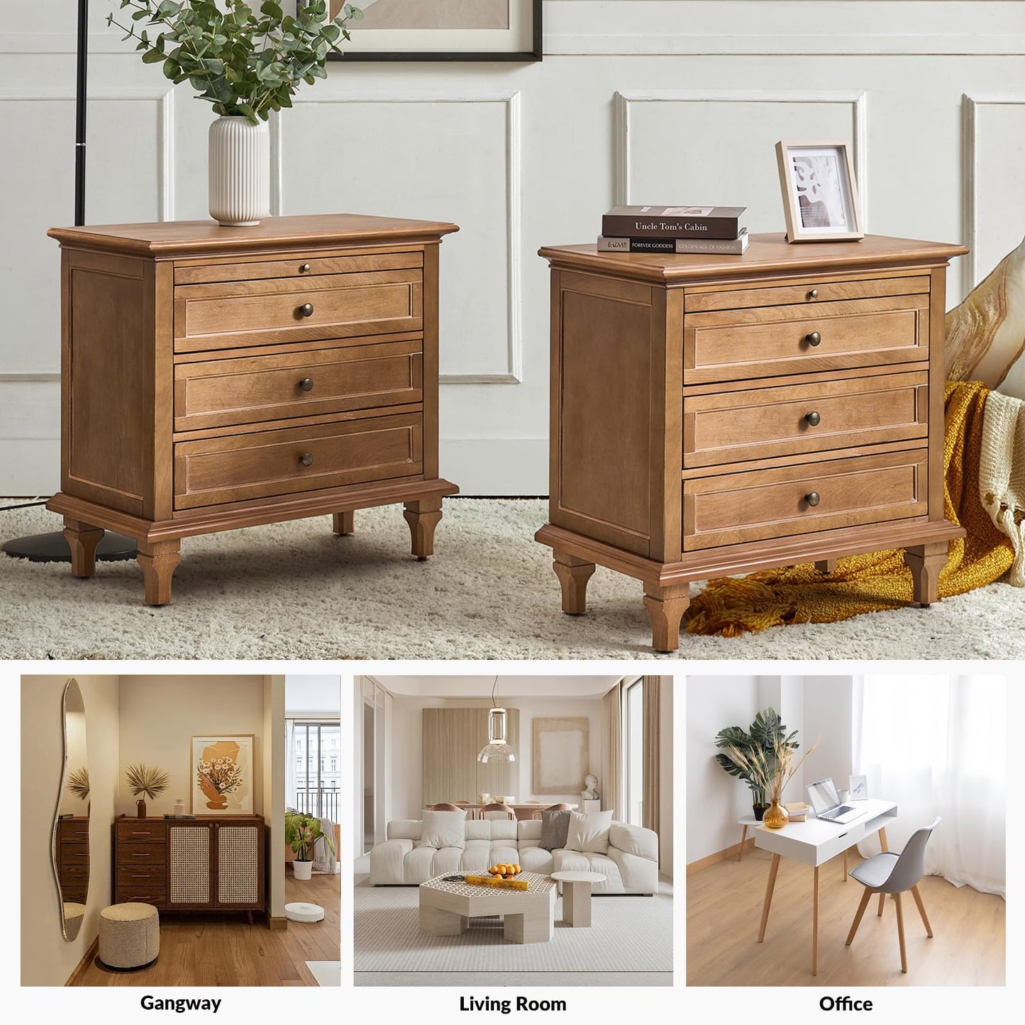 Solid Wood 3 Drawer End Table with Tray