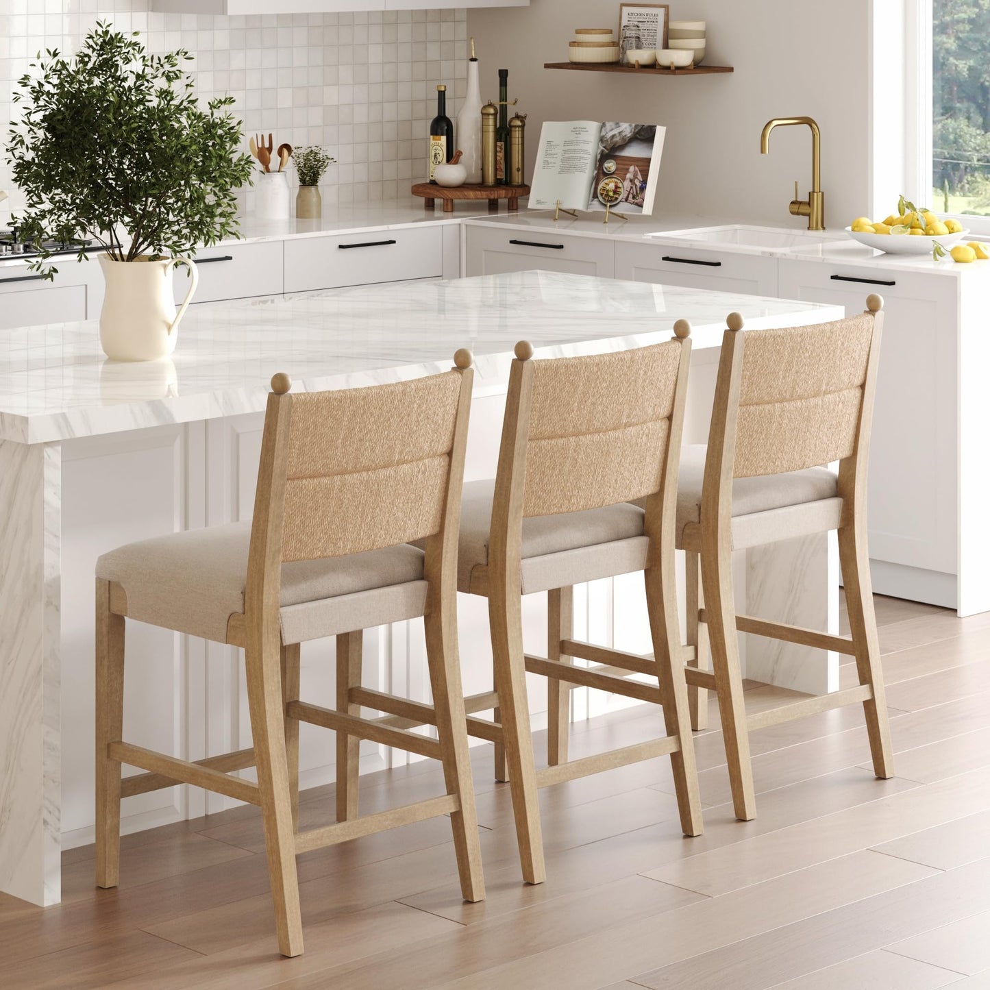 Nathan James Rikki Seagrass Bar Stool with Back, 2-Pack Boucle Counter Stool with Upholstered Seat, Solid Wood Frame, and Woven Seagrass Backrest