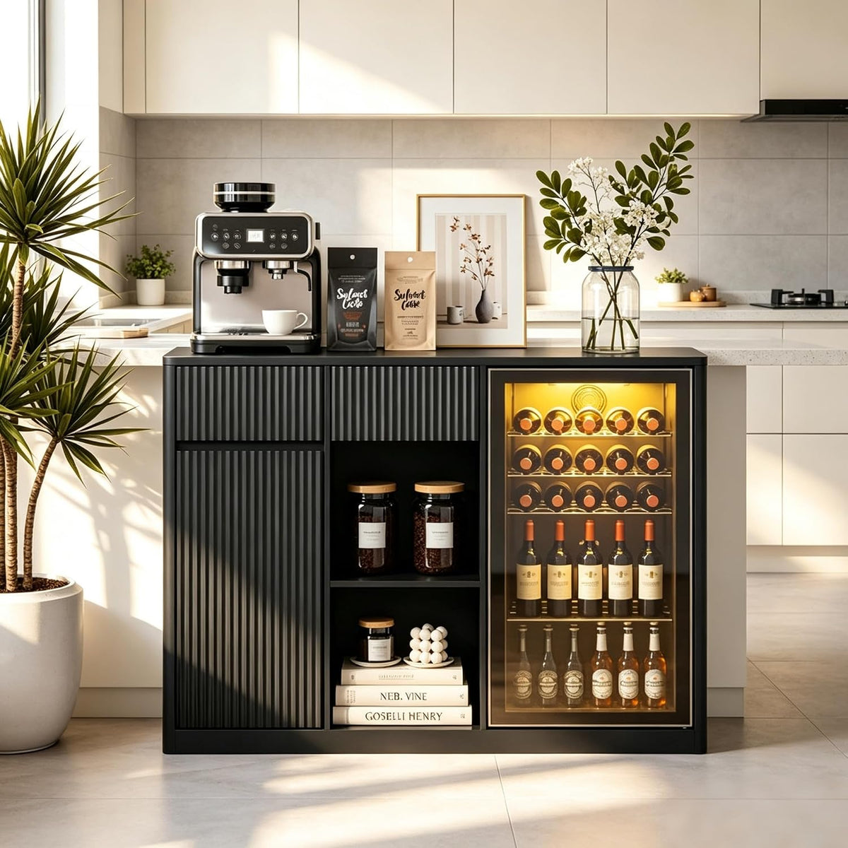 51" Modern Coffee Bar Cabinet with Fridge Space & 2 Drawers