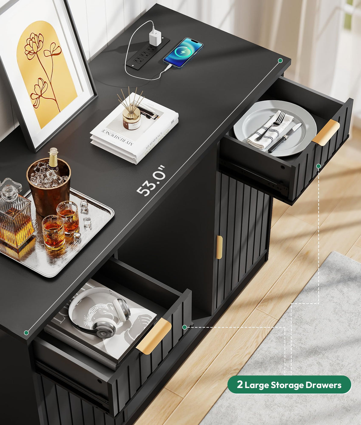Mini Fridge Cabinet with Hutch and Wine Glass Rack
