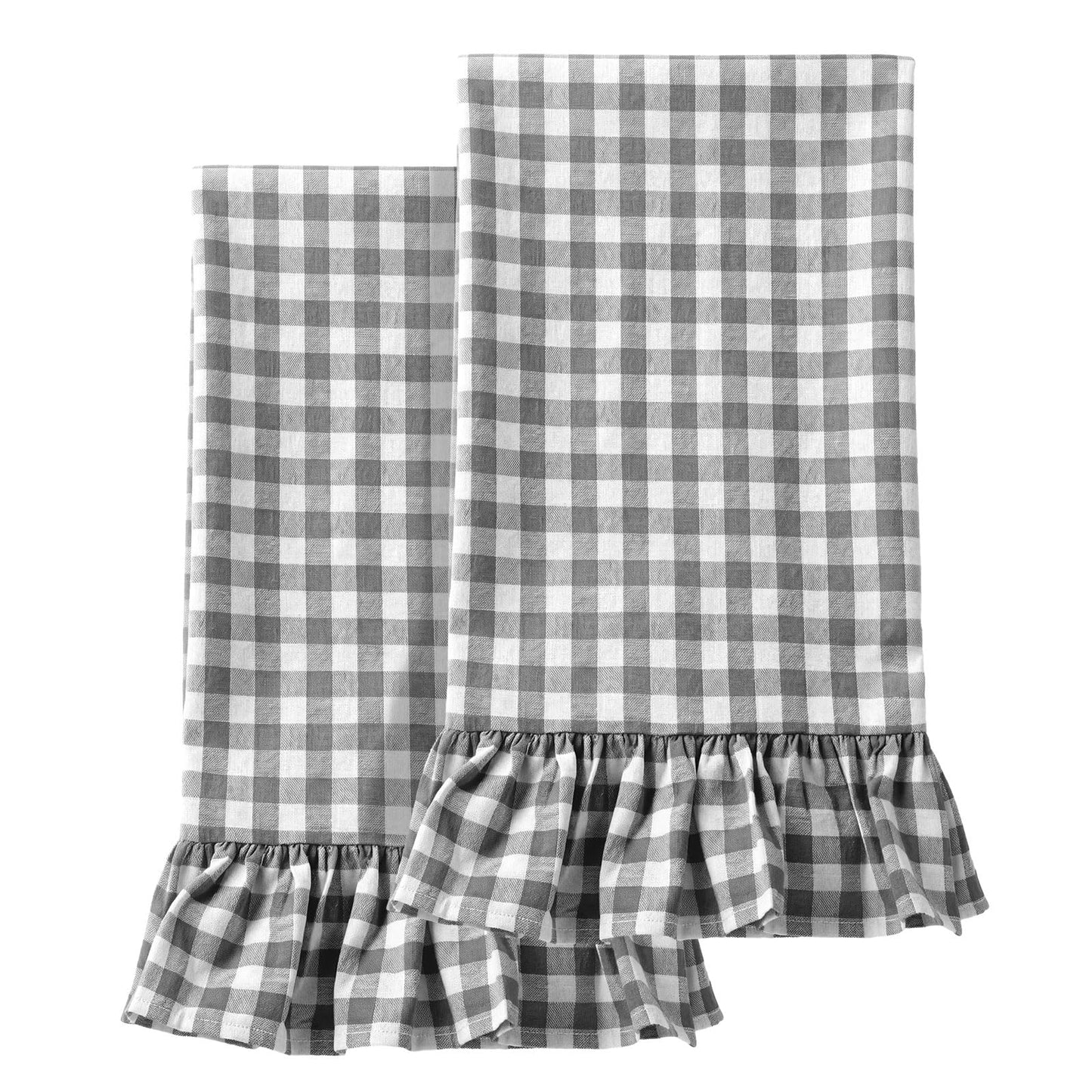HunnmingRe Taupe Kitchen Towels Set of 2, 100% Cotton Ruffled Gingham Dish Towels 18"x28" Tea Cloths Classic Plaid Pattern for Farmhouse Charm, Drying Dishes, Entertaining Guests