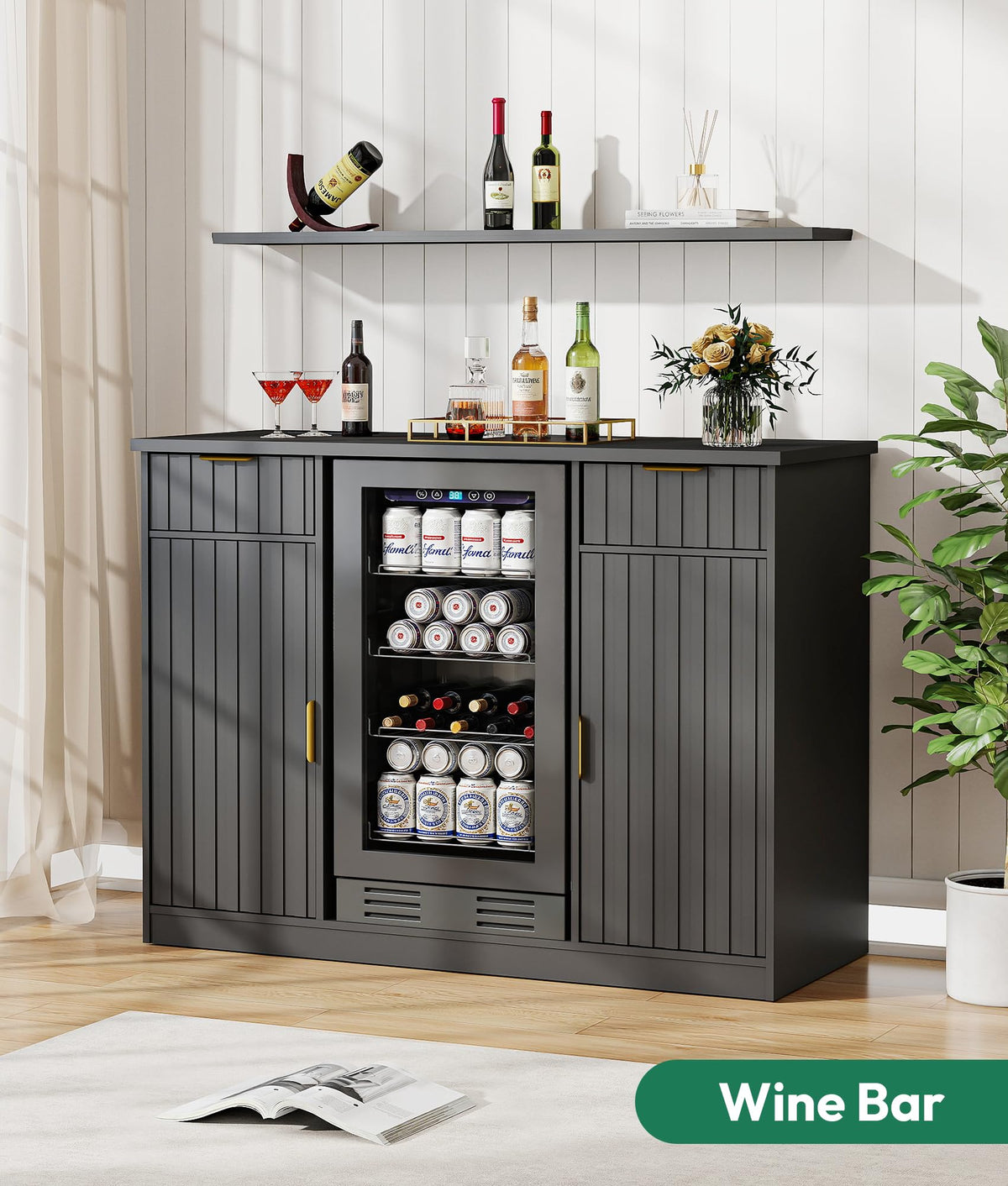 Mini Fridge Cabinet with Hutch and Wine Glass Rack