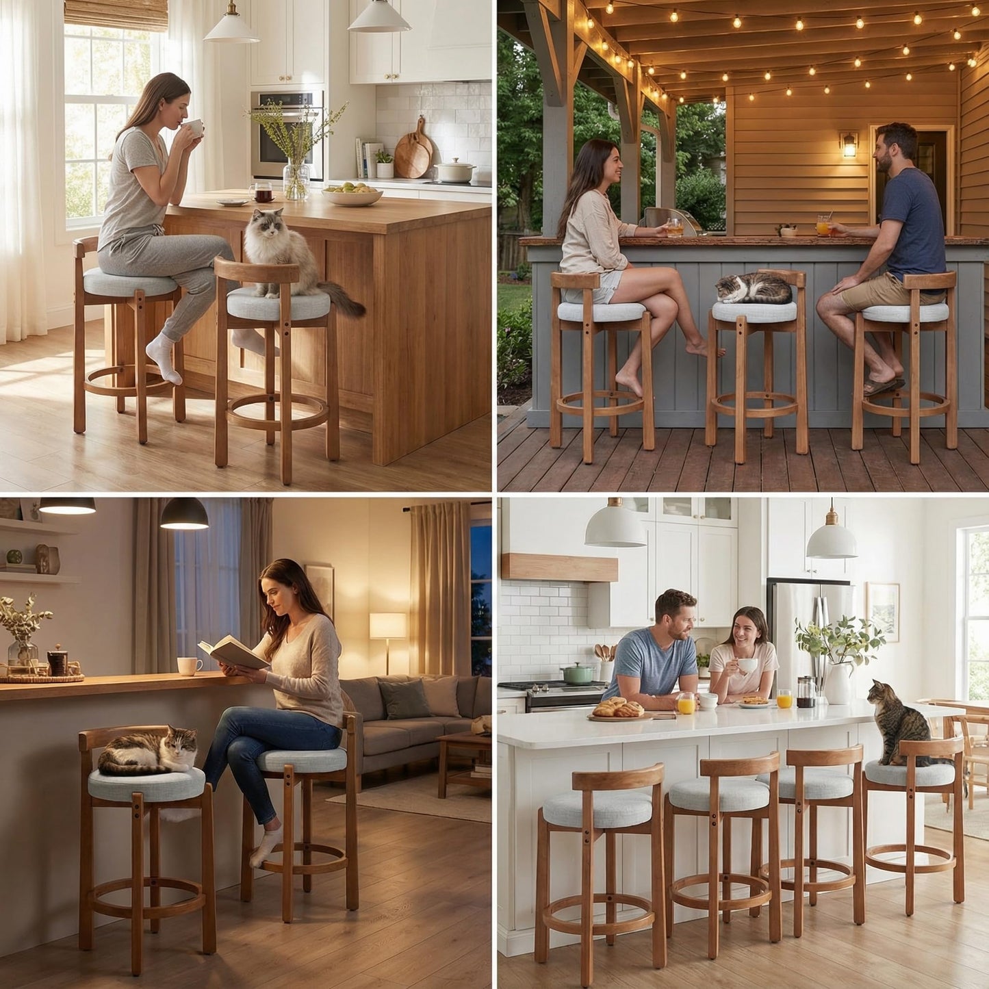 LukeAlon Mid Century Linen Counter Stools Set of 3, Upholstered 26.5" Seat Height Low Barstools with Natural Wood Legs Round Low Back Kitchen Stools with Footrest for Dining Room, Beige