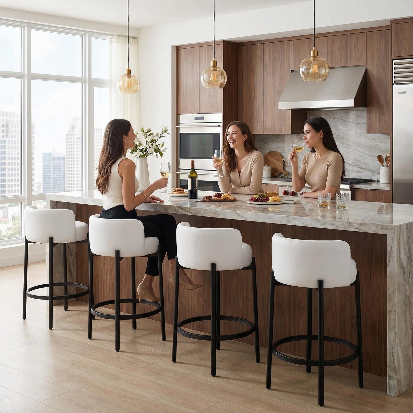 LukeAlon Mid Century Linen Counter Stools Set of 3, Upholstered 26.5" Seat Height Low Barstools with Natural Wood Legs Round Low Back Kitchen Stools with Footrest for Dining Room, Beige