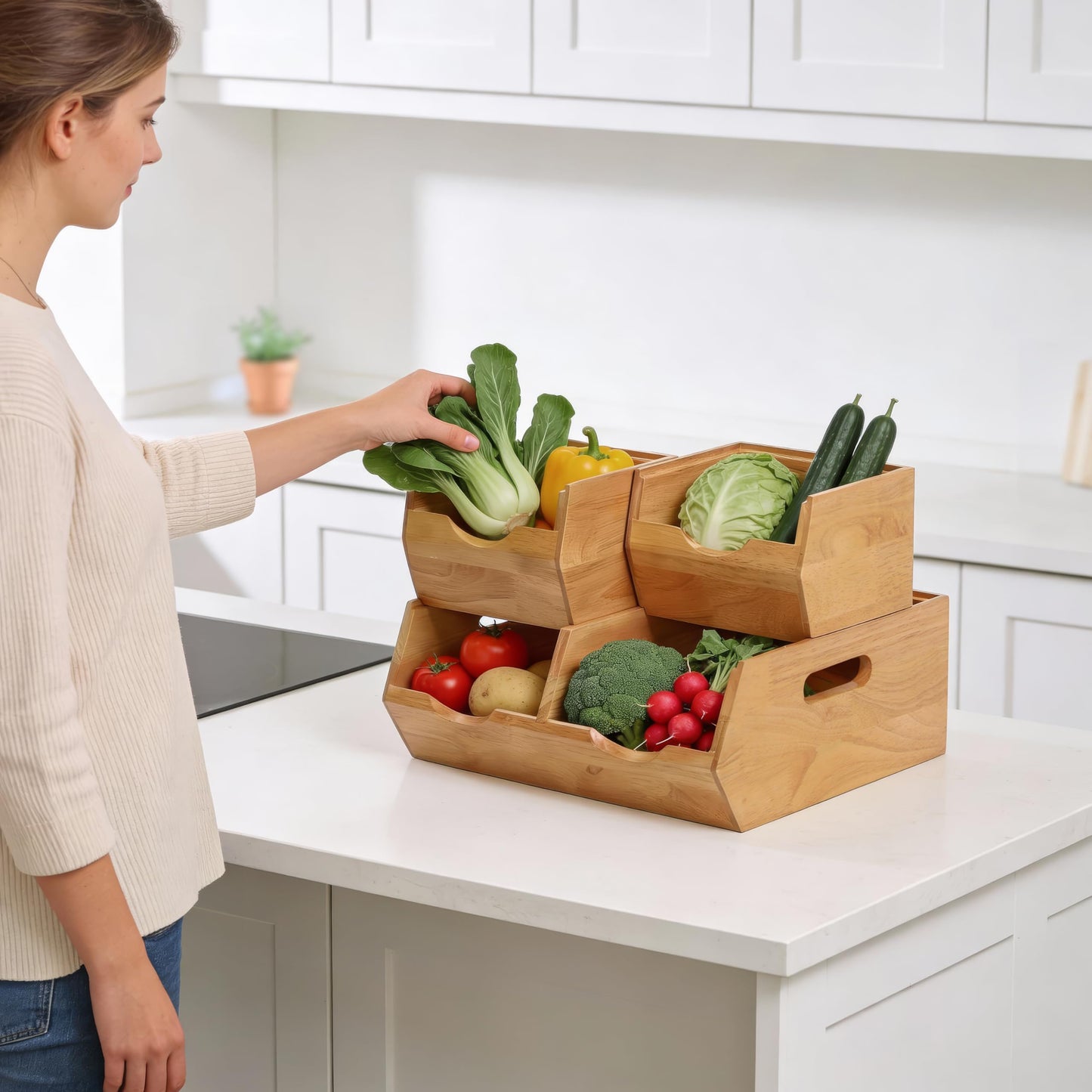 HOMESTEAD Stackable Solid Wood Storage Bins for Kitchen Pantry & Countertop, Ventilated Potato and Onion Basket Organizer with Handles, Wooden Produce Storage Containers, 3-Pack, Chestnut Finish