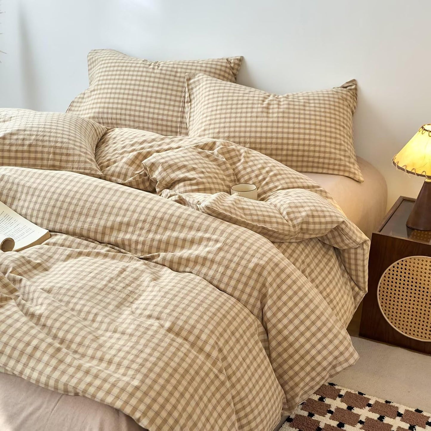 Duvet Cover Set - Brown Plaid Gingham Comforter Cover with Zipper Closure
