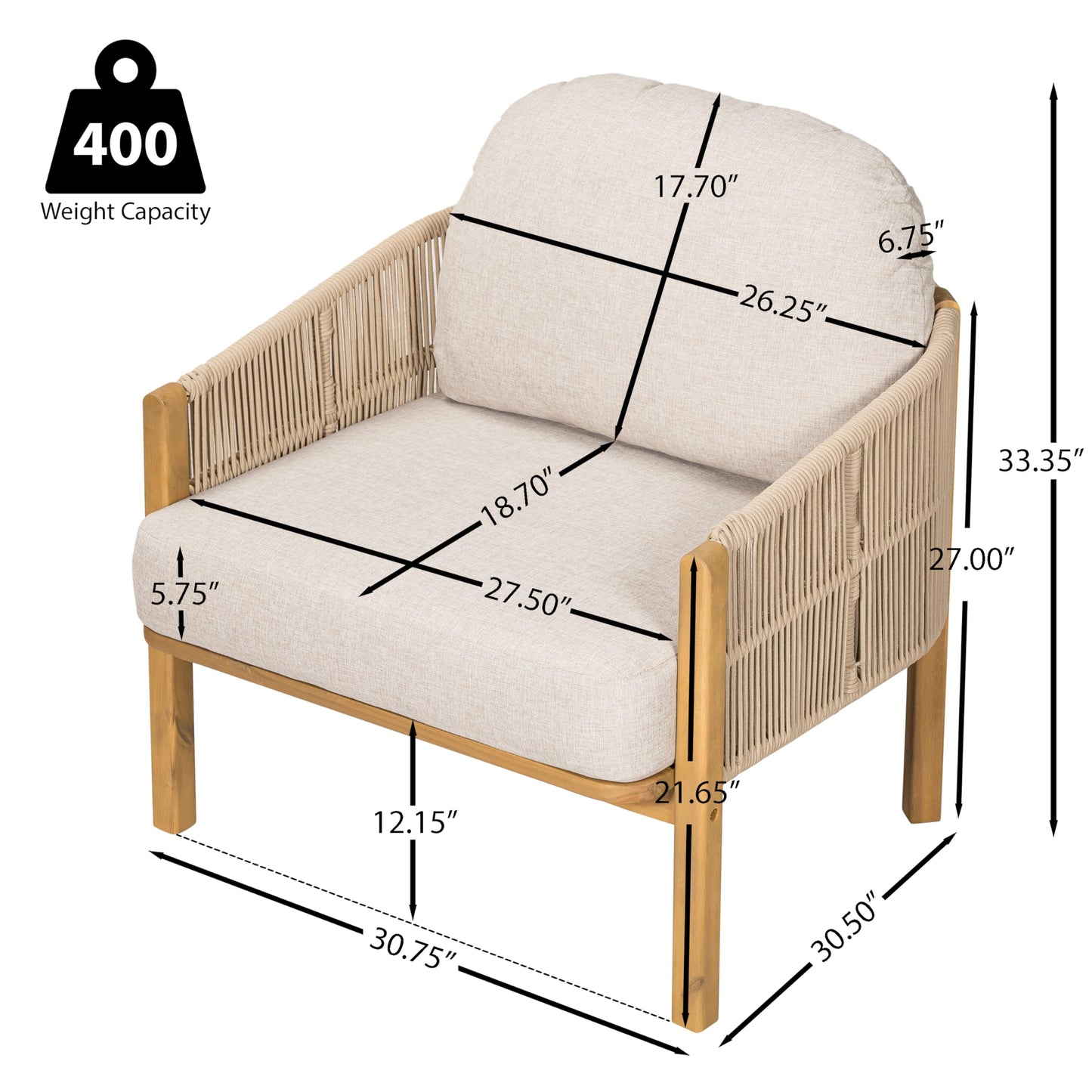 Merax Patio Chairs Set of 2, Acacia Wood Outdoor Club Chair with Cozy 5.75" Thick Cushion & Rope-Weave Backrest, Bohe Style Patio Dining Armchair Chairs for Garden Balcony Outside Dining Relax, Beige