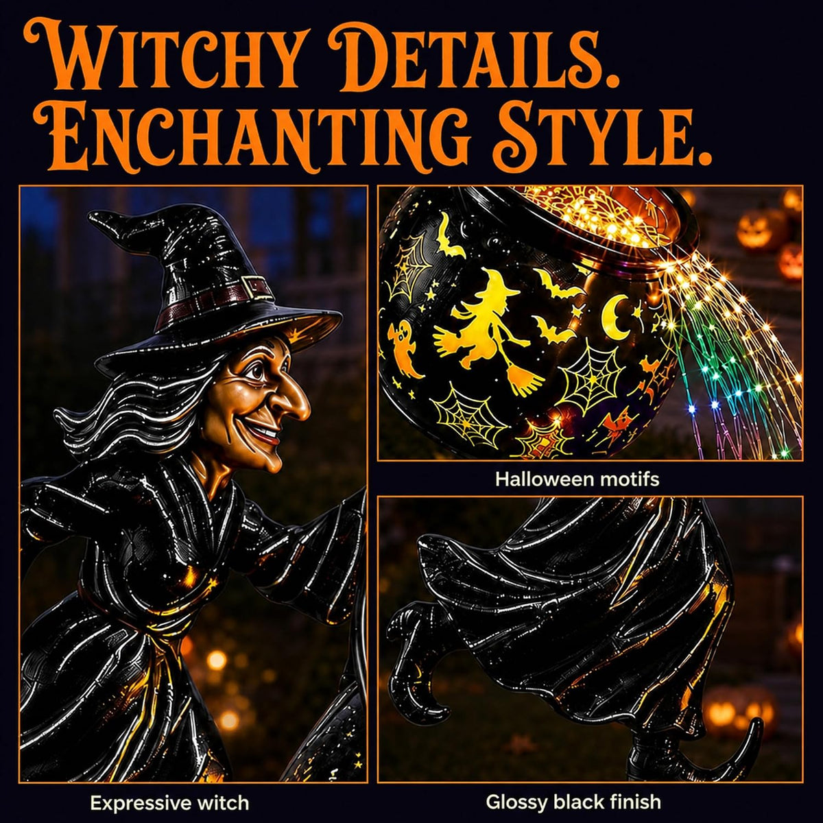 Colorful Waterfall-Style Halloween Witch Glowing Cauldron Light