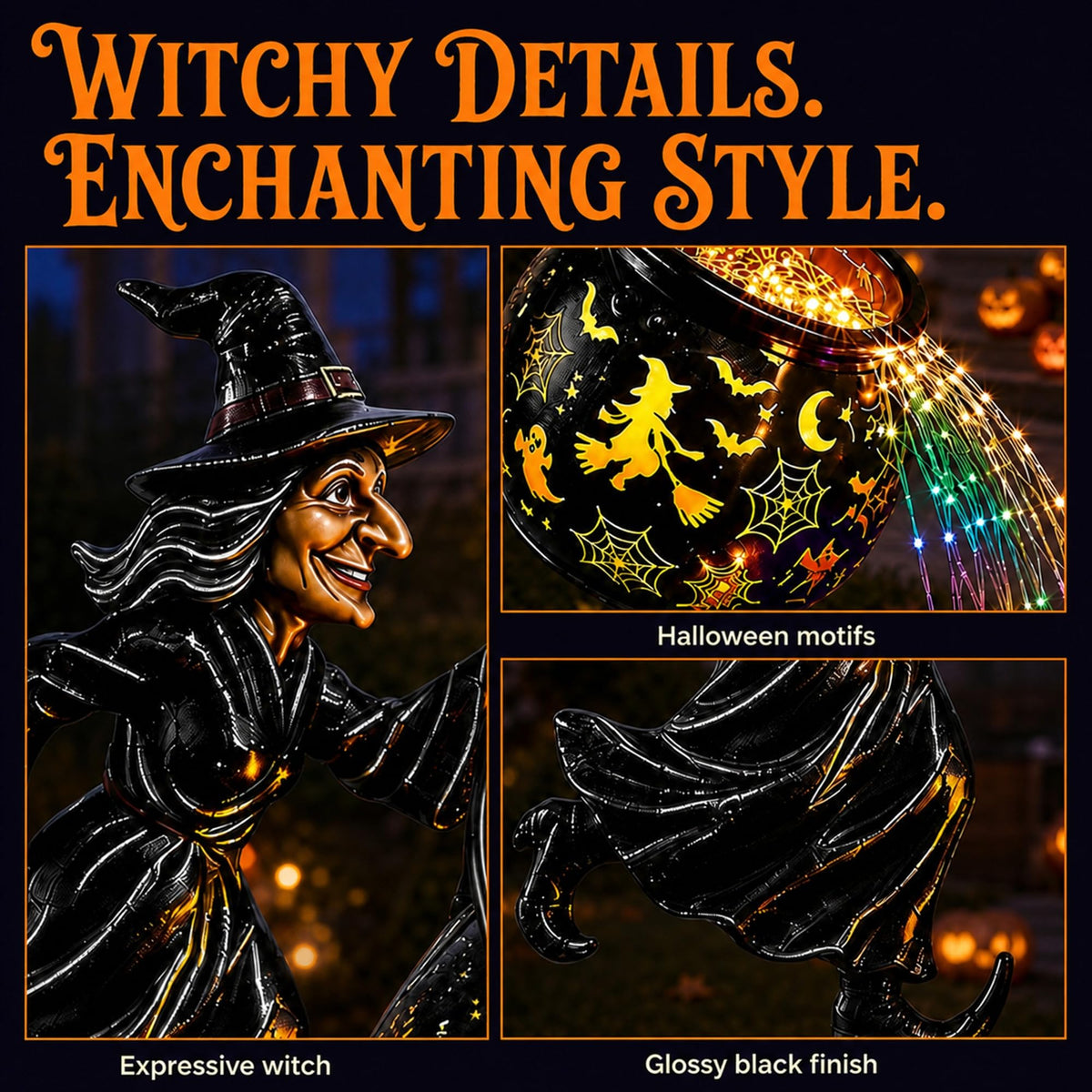 Colorful Waterfall-Style Halloween Witch Glowing Cauldron Light