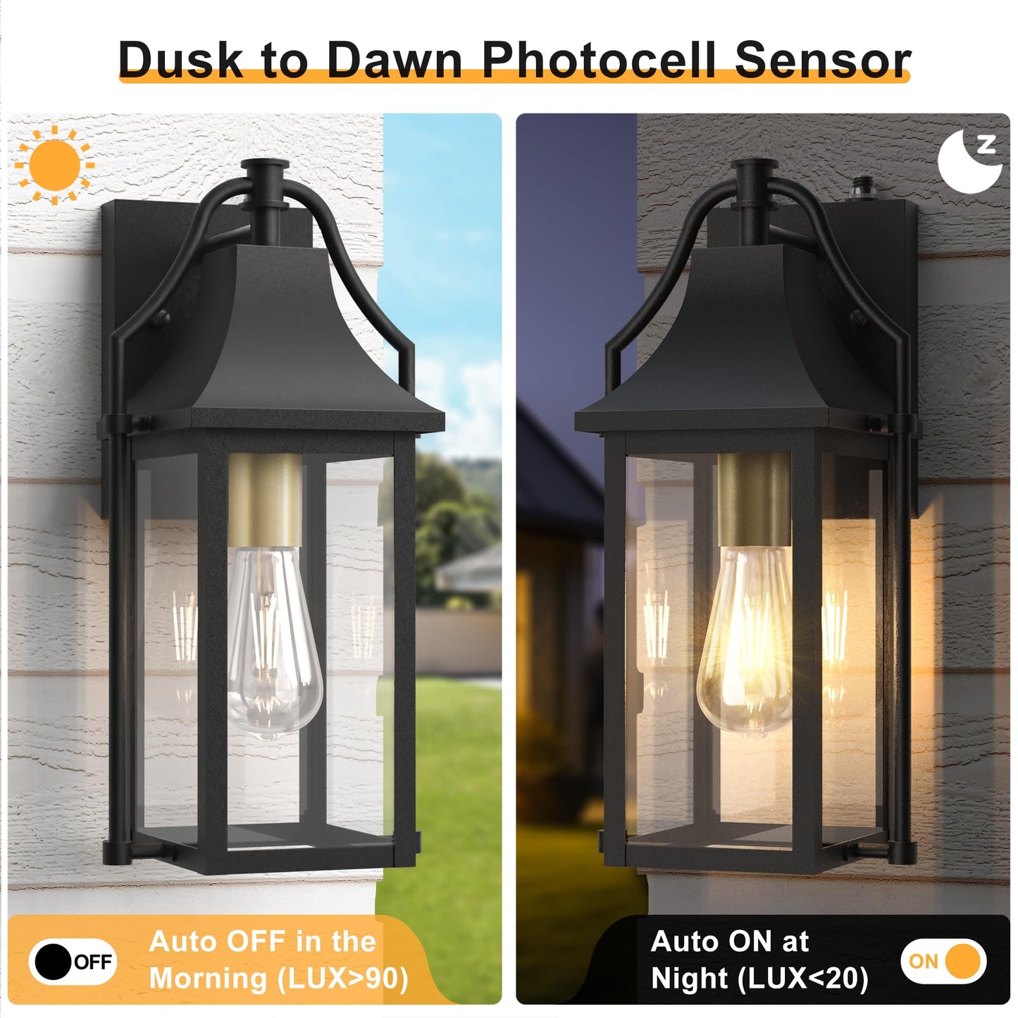 Outdoor Wall Lights Fixtures, Large Size Dusk to Dawn Waterproof Exterior Lanterns, Modern Porch Sconce Wall Mounted with Glass