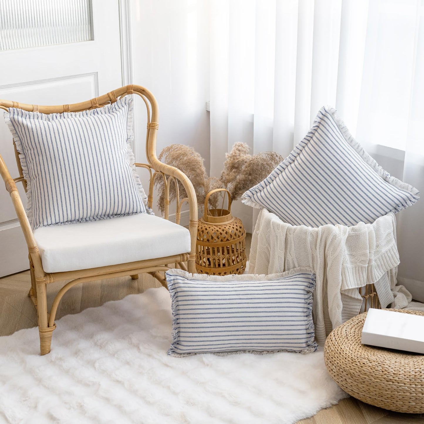 Throw Pillow Covers 18x18 Set of 2 Striped Fringe