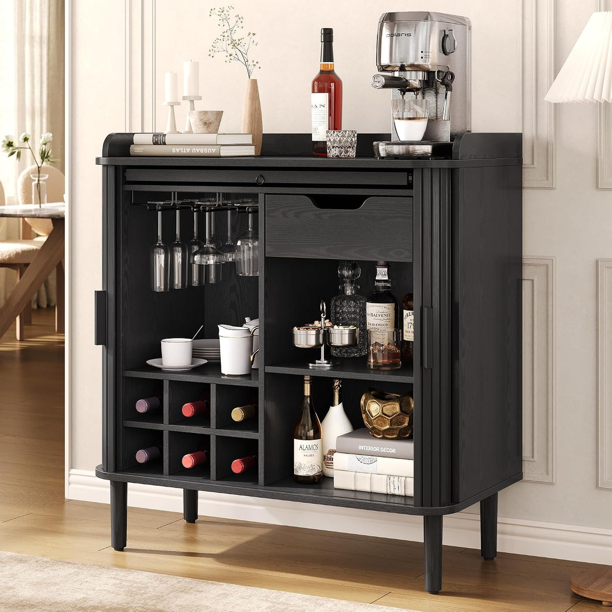 33" H Fluted Bar Cabinet with Storage, Wine Cabinet
