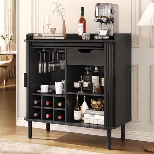 33" H Fluted Bar Cabinet with Storage, Wine Cabinet