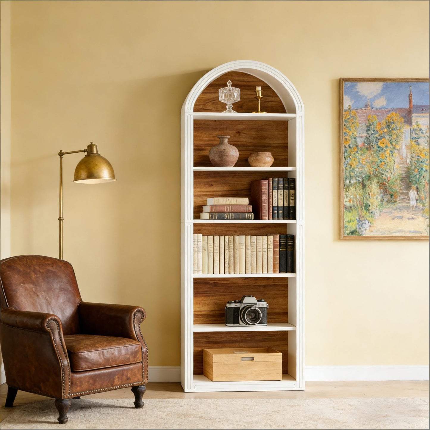 Arched 8 Tier Tall Bookshelf with Wood Back Panel