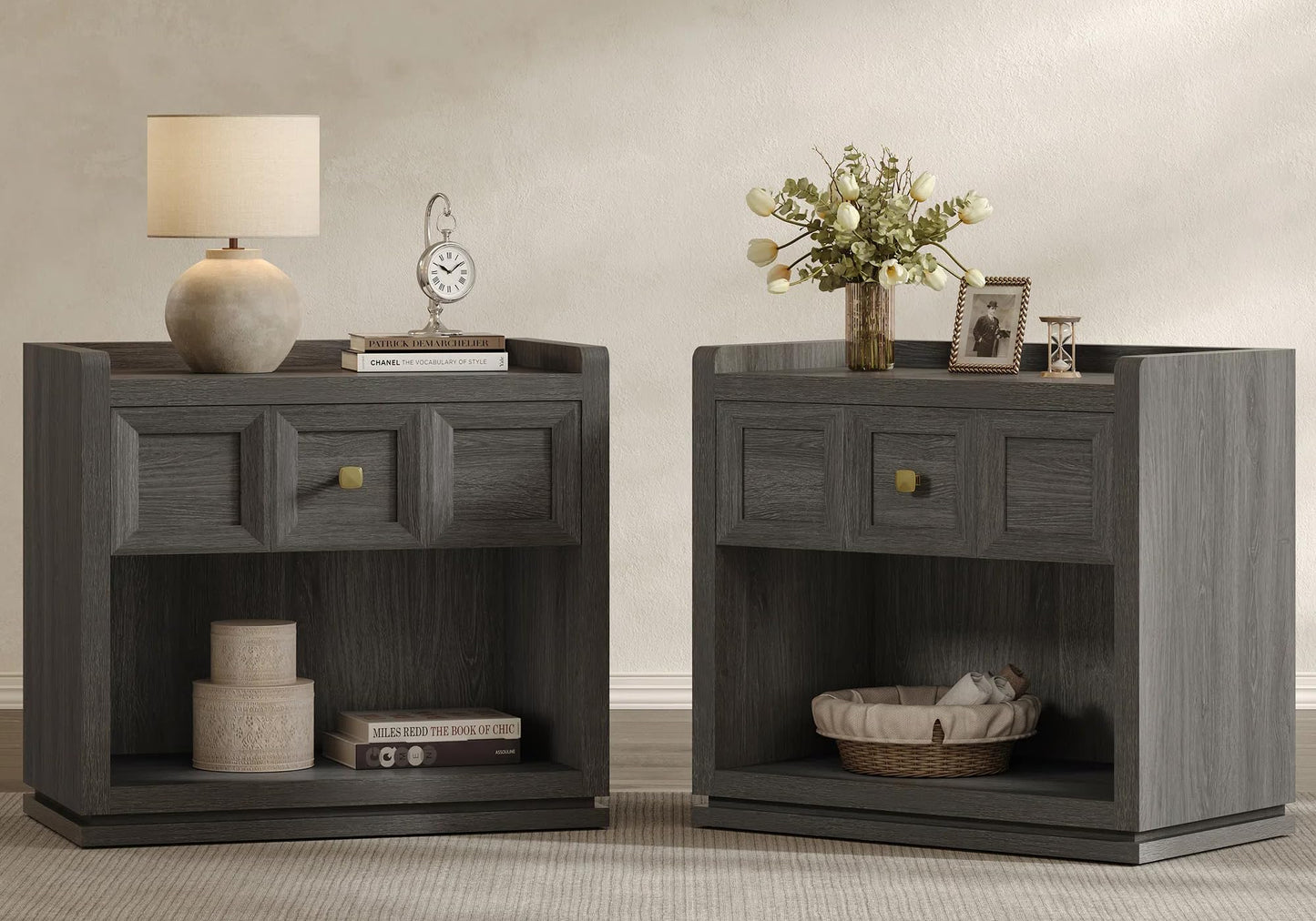 SICOTAS Night Stand Set 2, 26" Wide Nightstands with Drawer, Large Queen Size Nightstands Set of 2, Modern Bedside Table for Bedroom, Side End Table (Brown Oak, 26-Inch)