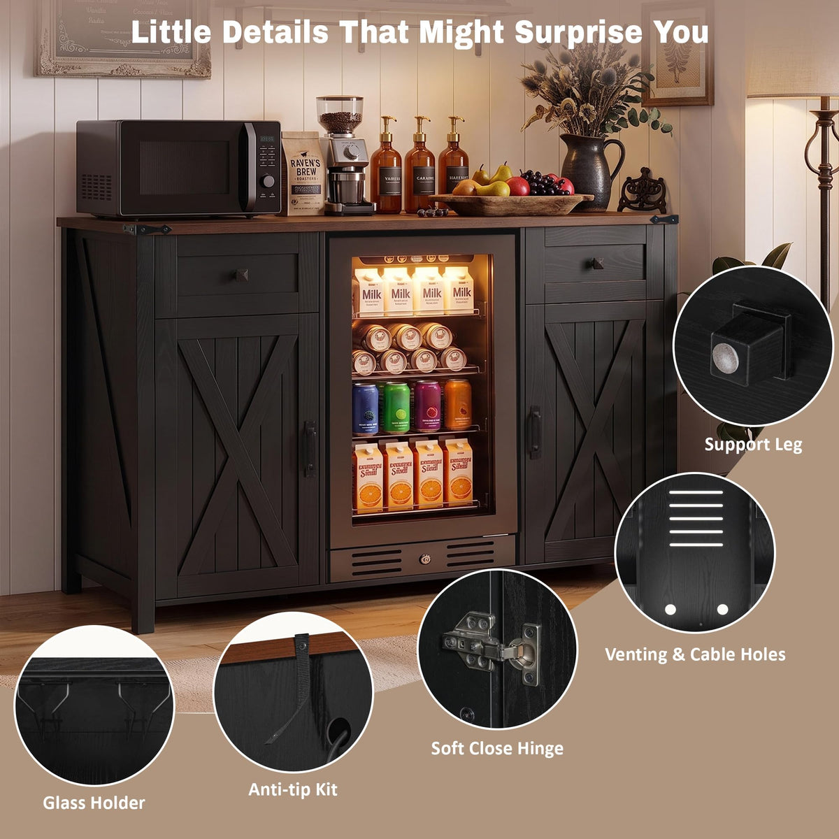 51" Modern Coffee Bar Cabinet with Fridge Space & 2 Drawers