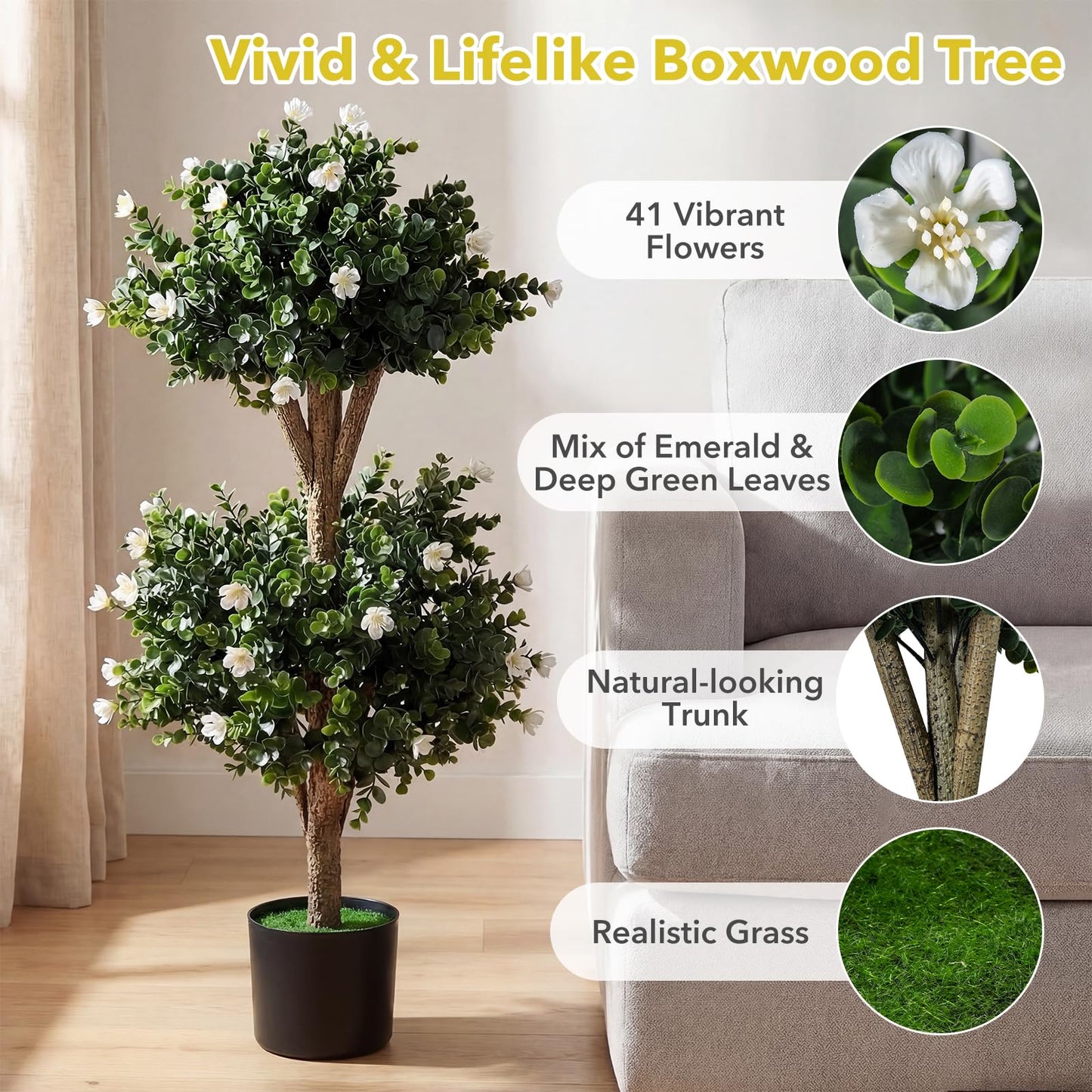 Set of 2 Faux Bush Plant w/41 Blossoms, Cement-Filled Plastic Pot