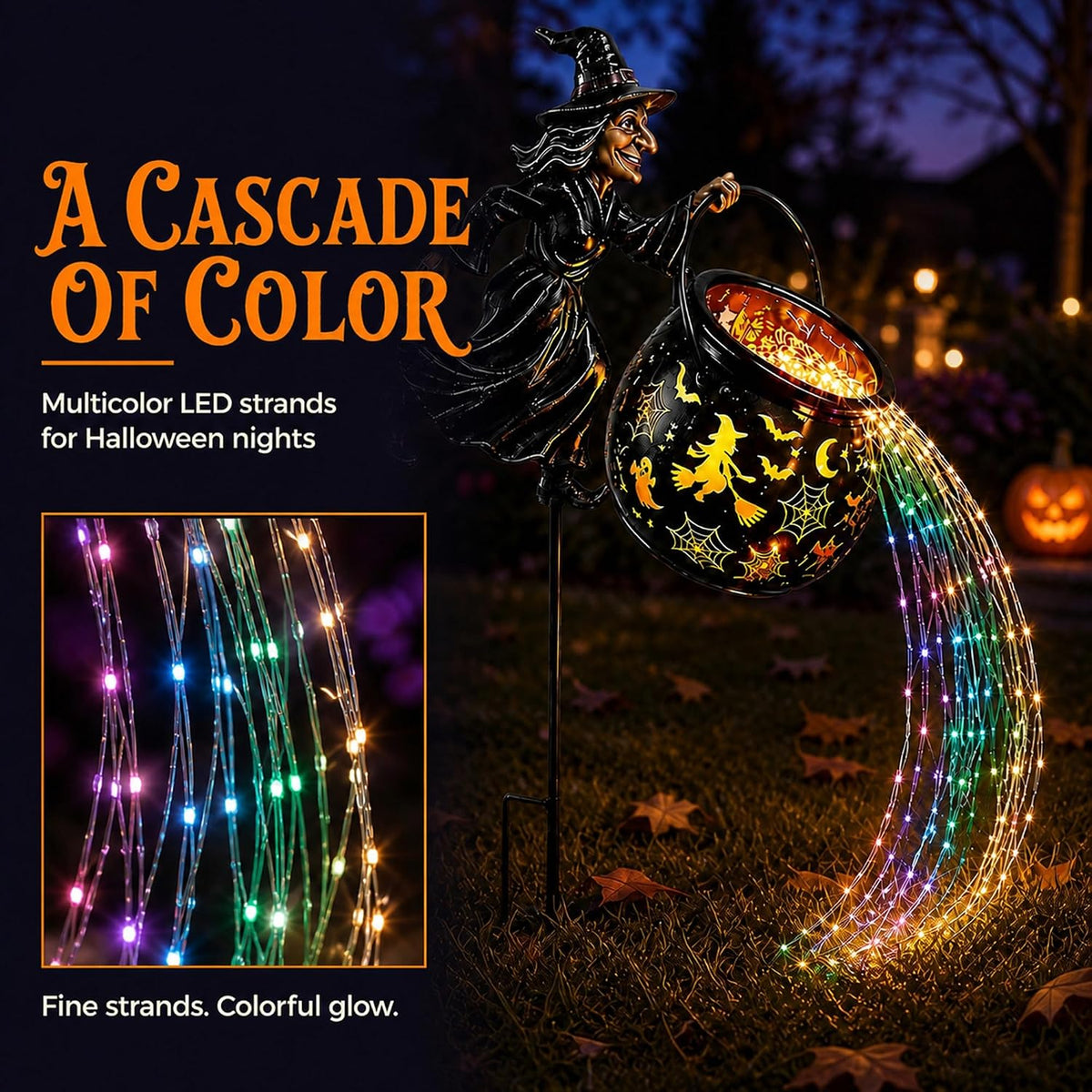 Colorful Waterfall-Style Halloween Witch Glowing Cauldron Light