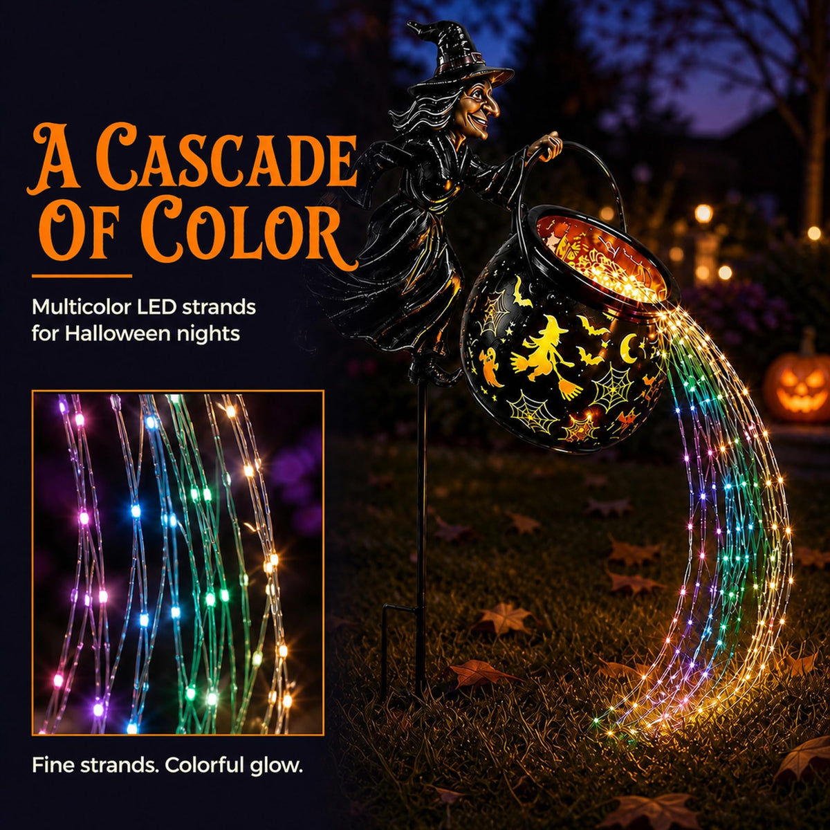 Colorful Waterfall-Style Halloween Witch Glowing Cauldron Light
