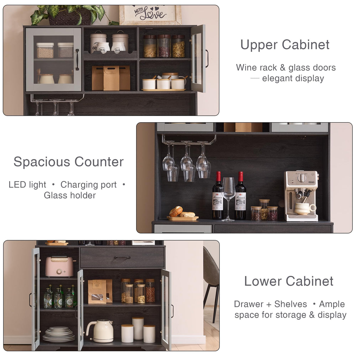 71" Cabinet with Wine Rack and Charging Station, Set of 2