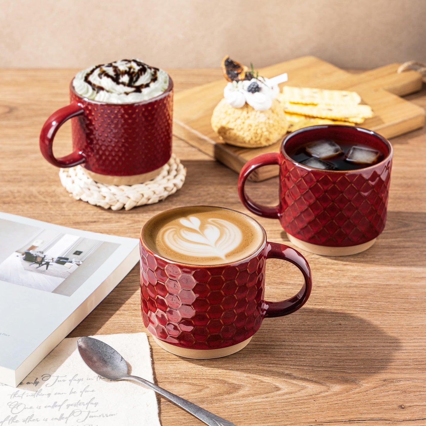 GBhome 12OZ Stackable Coffee Mugs, Ceramic Coffee Mugs with Texture Patterns for Man,Woman,Dad,Mom, Modern Coffee Mugs Set of 4 for Latte/Cappuccino/Cocoa. Dishwasher&Microwave Safe, Pale Khaki
