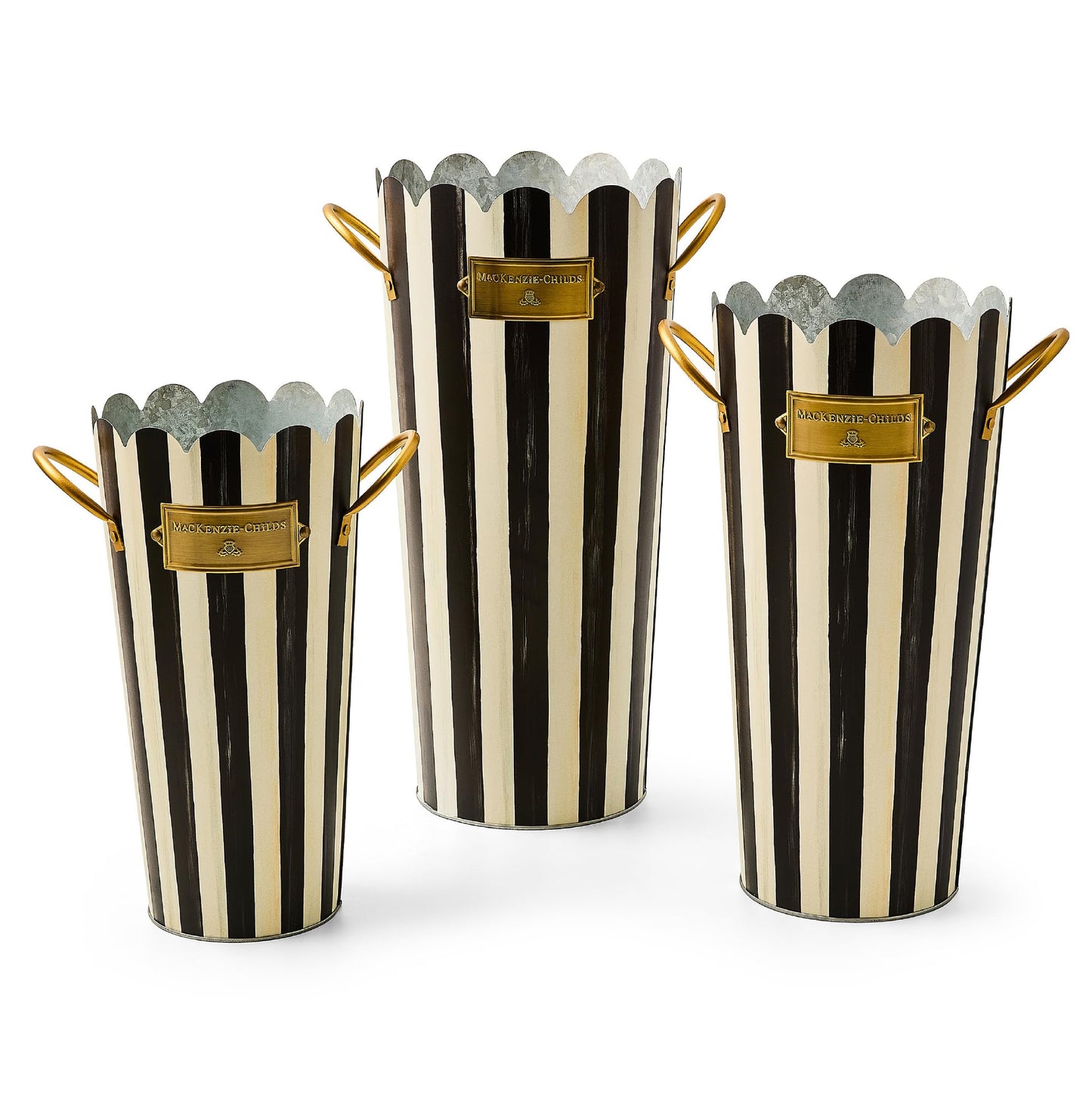 MACKENZIE-CHILDS Set of 3 Galvanized Flower Buckets, Decorative Metal Buckets, Black-and-White Courtly Stripe