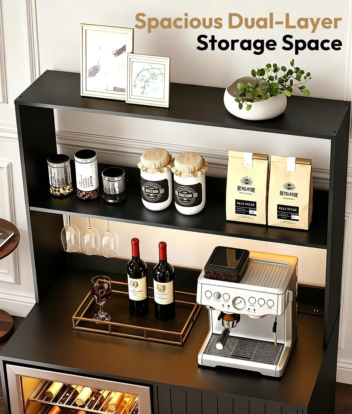 Mini Fridge Cabinet with Hutch and Wine Glass Rack
