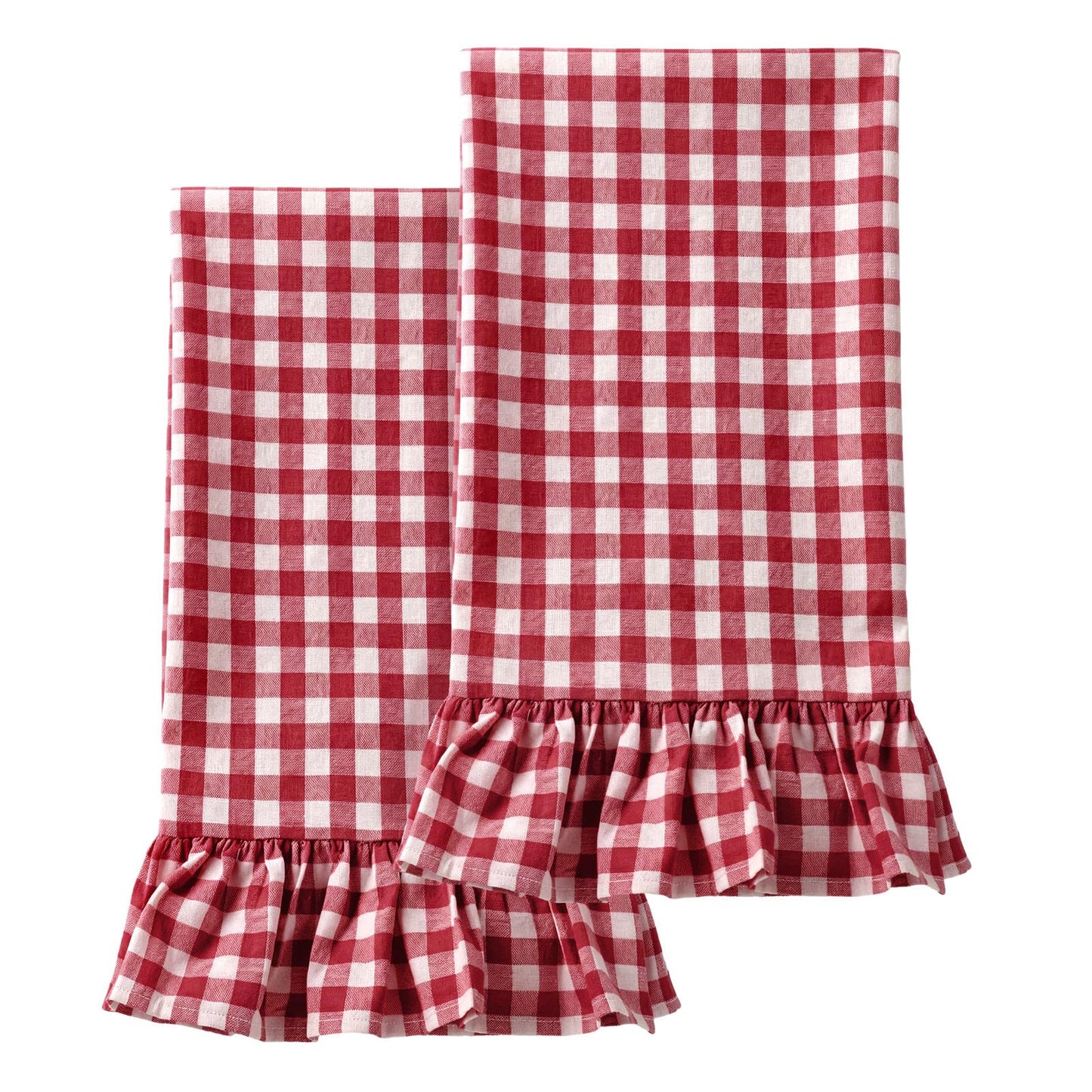 HunnmingRe Taupe Kitchen Towels Set of 2, 100% Cotton Ruffled Gingham Dish Towels 18"x28" Tea Cloths Classic Plaid Pattern for Farmhouse Charm, Drying Dishes, Entertaining Guests