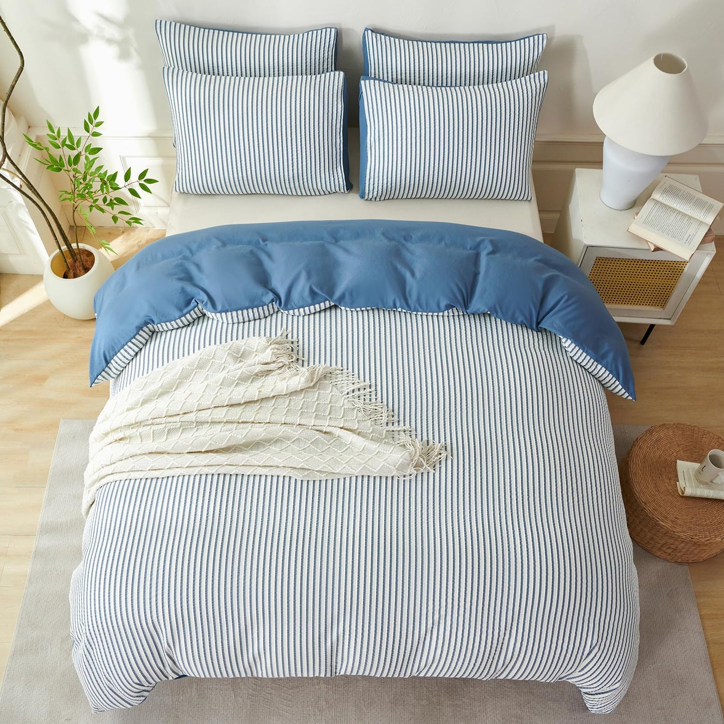 Striped Duvet Cover Queen Beige Washed Microfiber Jacquard 3 Pieces Bedding Set, White Beige Vertical Ticking Stripes Pattern Comforter Cover with Zipper Closure Breathable Durable Soft Comfy