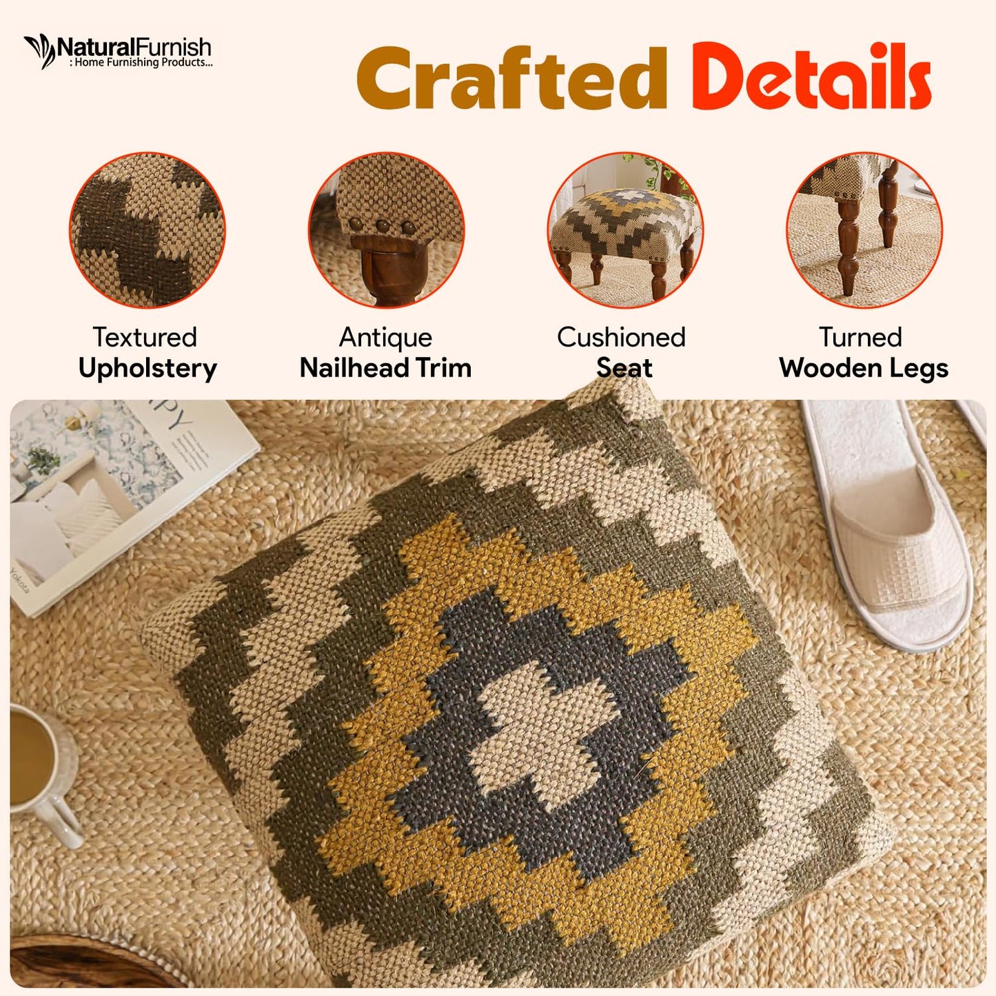 Handmade Jute Ottoman Stool with Wooden Legs
