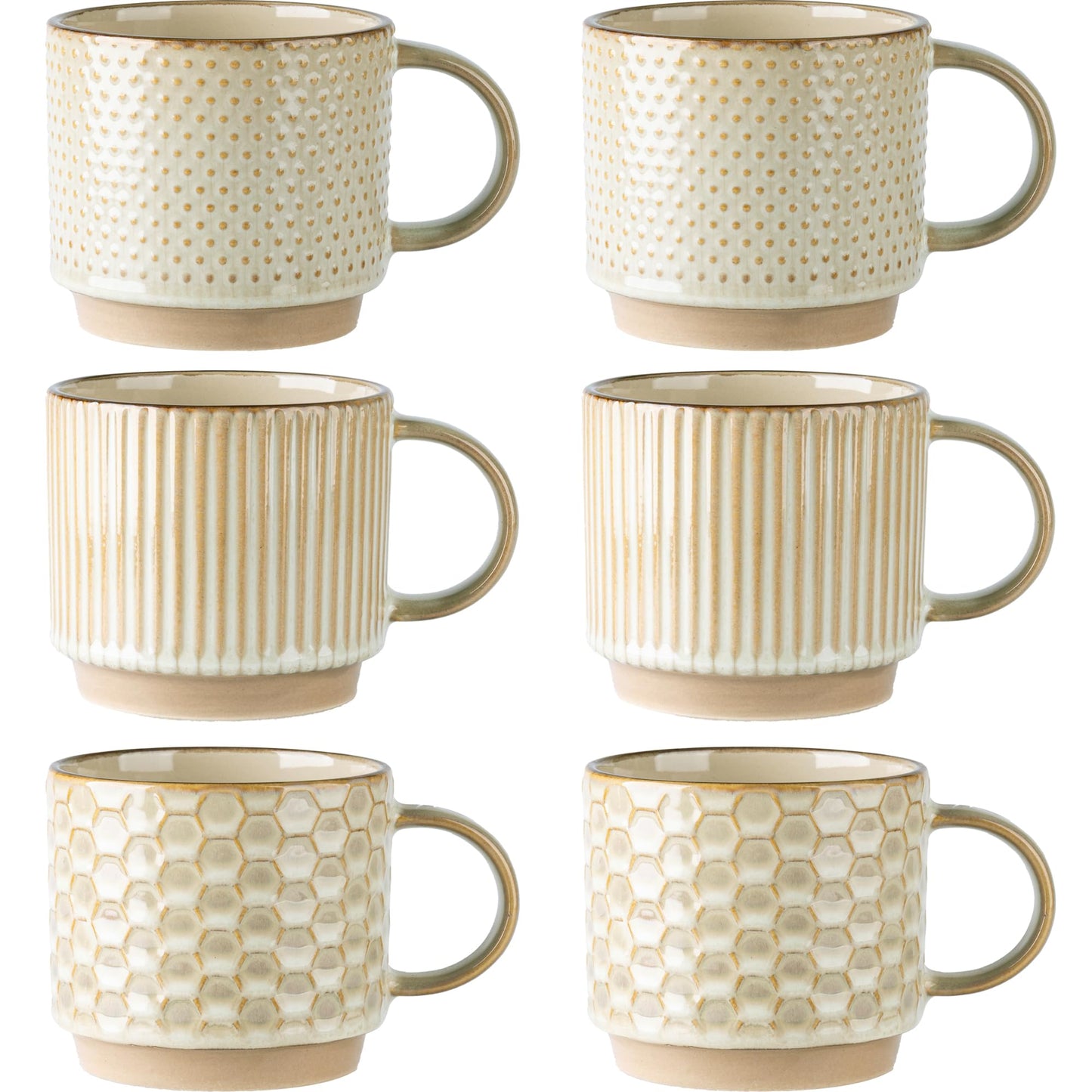GBhome 12OZ Stackable Coffee Mugs, Ceramic Coffee Mugs with Texture Patterns for Man,Woman,Dad,Mom, Modern Coffee Mugs Set of 4 for Latte/Cappuccino/Cocoa. Dishwasher&Microwave Safe, Pale Khaki
