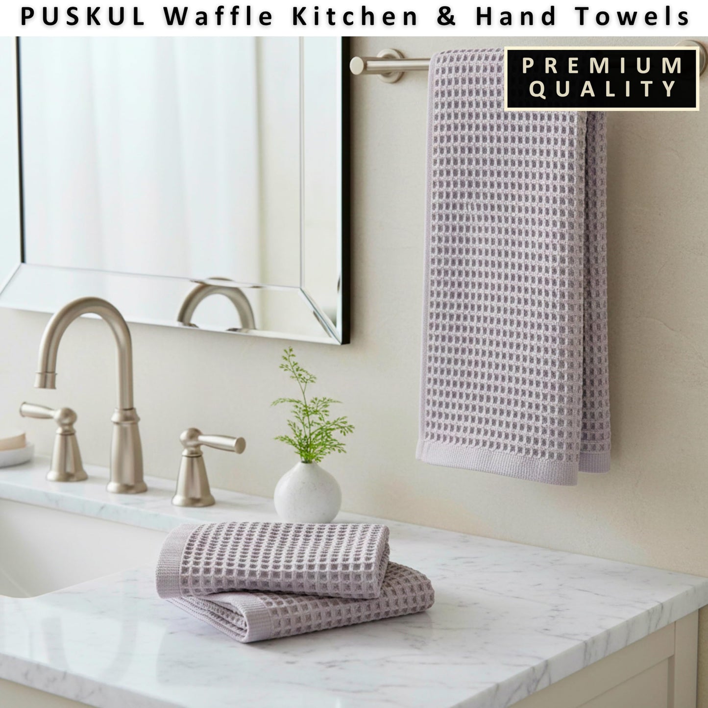 PÜSKÜL Organic Waffle Kitchen Towel Pure 100% Turkish Cotton Set of 3 Natural Raw-Undyed Towel - Premium Quality Soft Quick-Dry Absorbent Lint-Free Hand & Dish Towels Large 32X16 (3, Natural Beige)